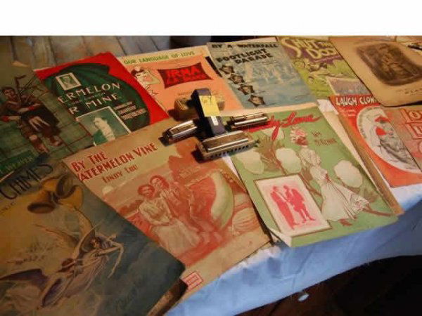 Collectible sheet music: Sheet music & harmonica's includes (2) Black Face sheet music "By the Watermelon Vine", "Mandy Lane" & "Lovers & Lunatics" Harps: (1) Hohner's Blues MS, (1) Marine Band model M40, (1) miniature, (1) T