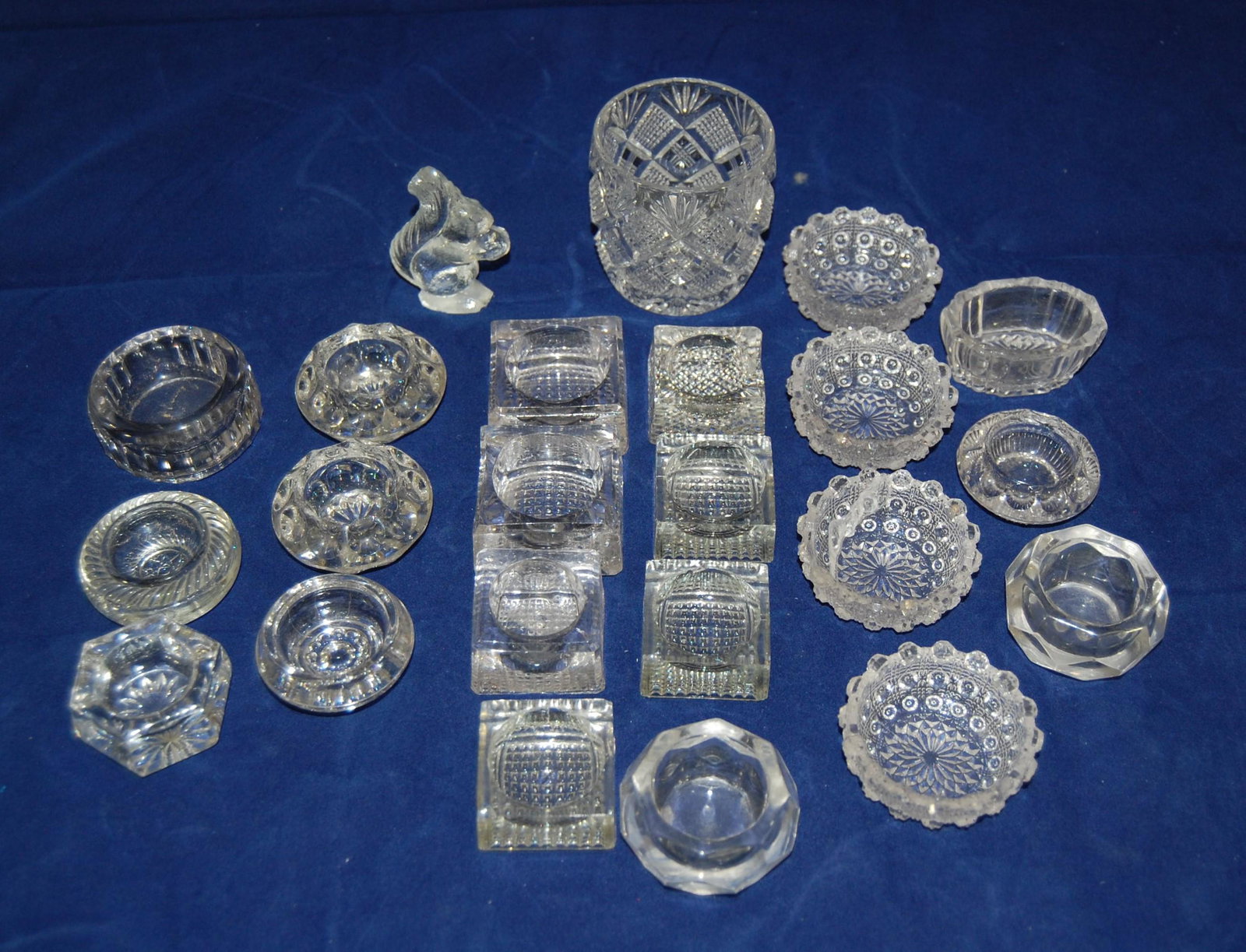 Master Salts - 21 pressed & cut glass salts: Master Salts. 21 assorted pressed and cut glass master salts, plus a glass bowl and glass squirrel.