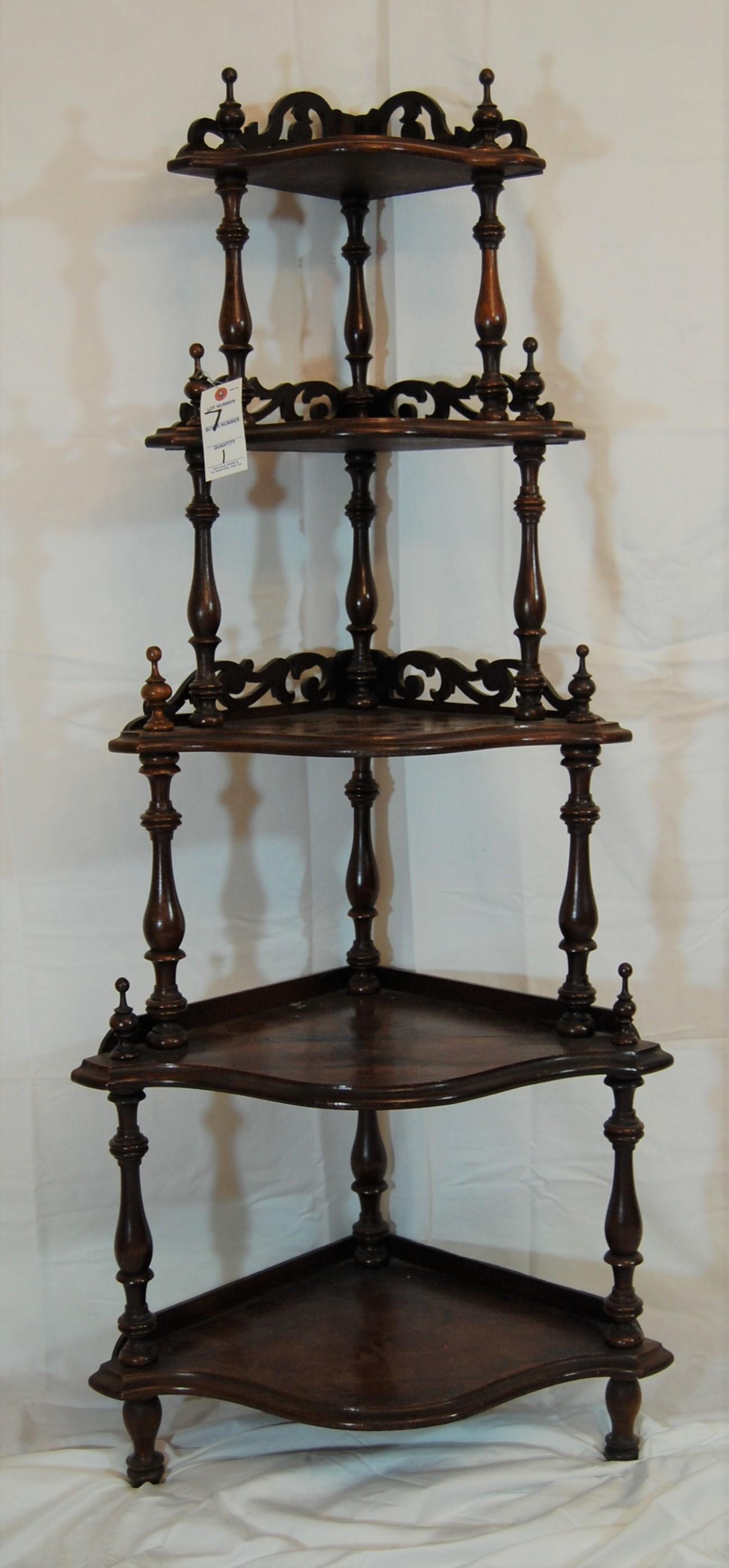 Victorian Mahogany Five Level Corner Shelf: Victorian Five Level Corner Shelf in Mahogany. 58"h x 18"w at widest point.
