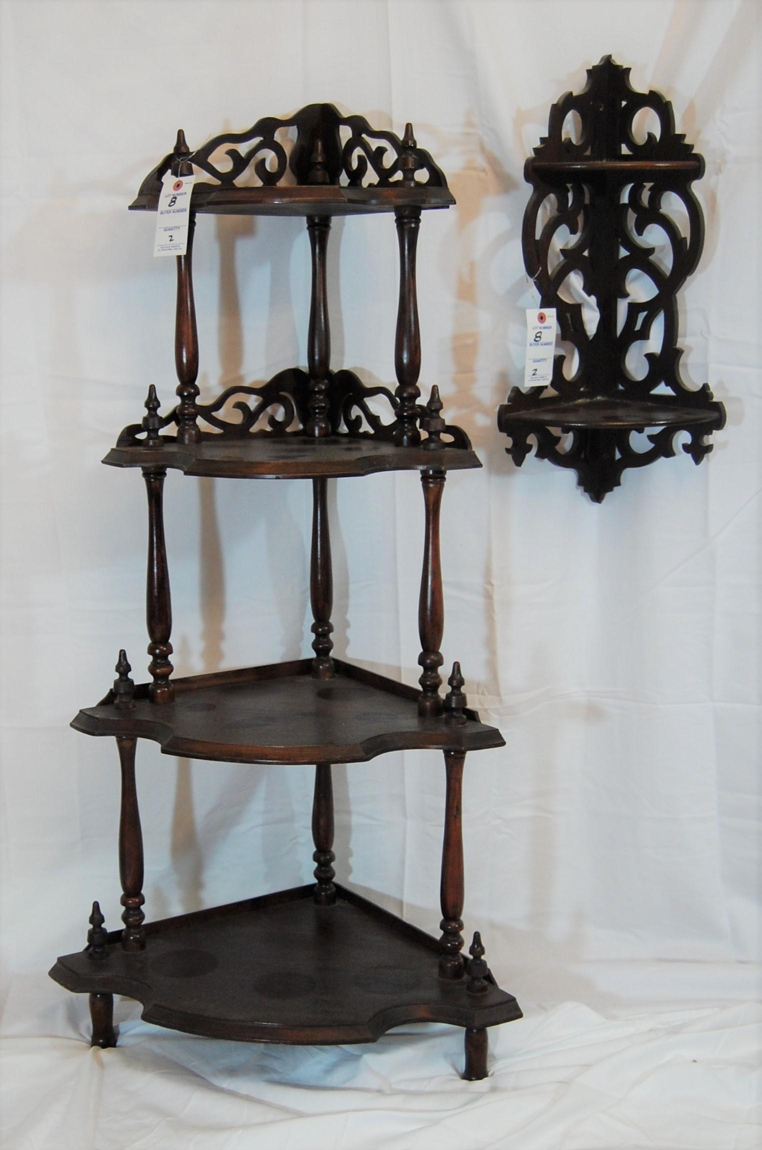 Two -Victorian Mahogany Corner Shelves: Two -Victorian Corner shelves. Including: 4 level graduated floor shelf in mahogany - 50"t x 17"w at widest point, plus 2 level wall mounted corner shelf - 21"t x 8"w.
