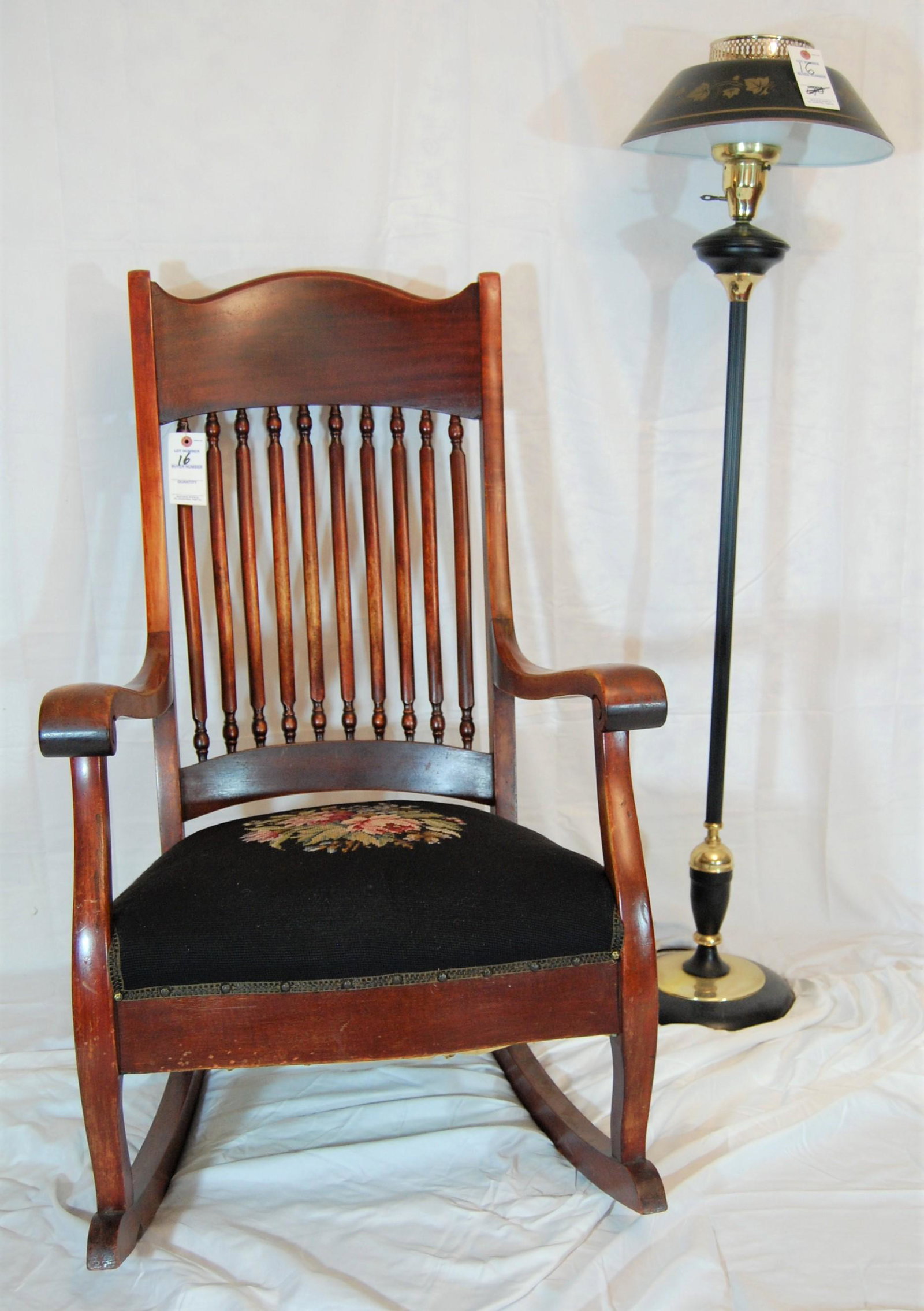 19th Cent Mahogany Rocking Chair-Embroidered Seat: 19th Century Rocking Chair in Mahogany with Original Embroidered Seat. 1860-80. Chair is 41"h. Comes with floor lamp in black with gold stenciling.