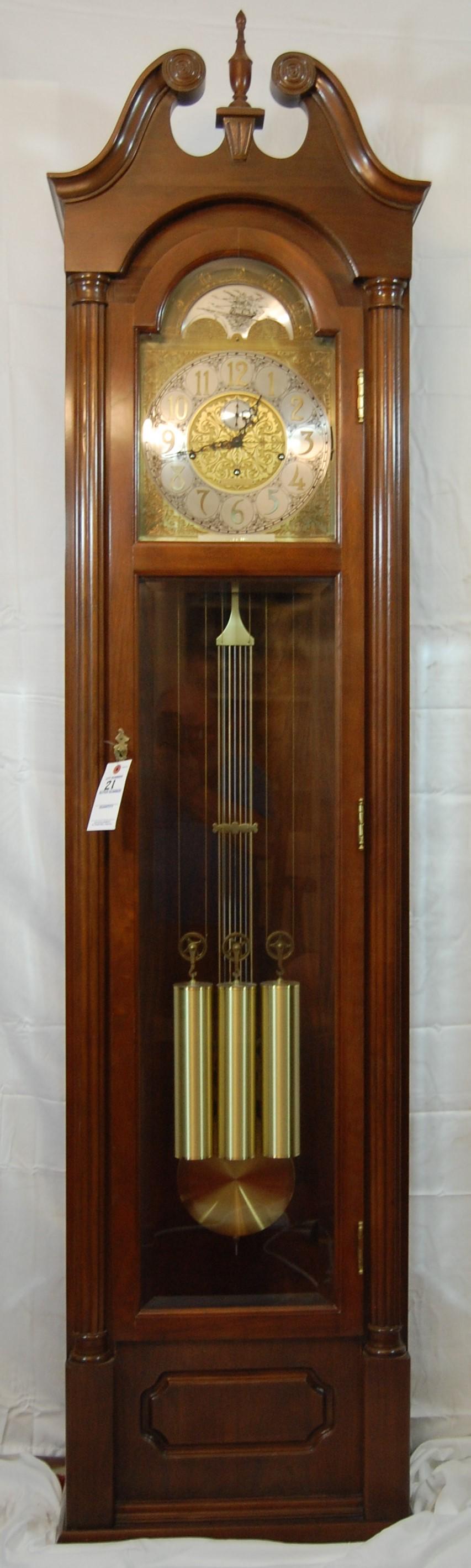 Tall Case Grandfather Clock by Howard Miller: Tall Case Grandfather Clock by Howard Miller. Labeled "The Heritage". Model 62281, number 30 of 1000. 83"t x 20"w x 12 1/2"d.