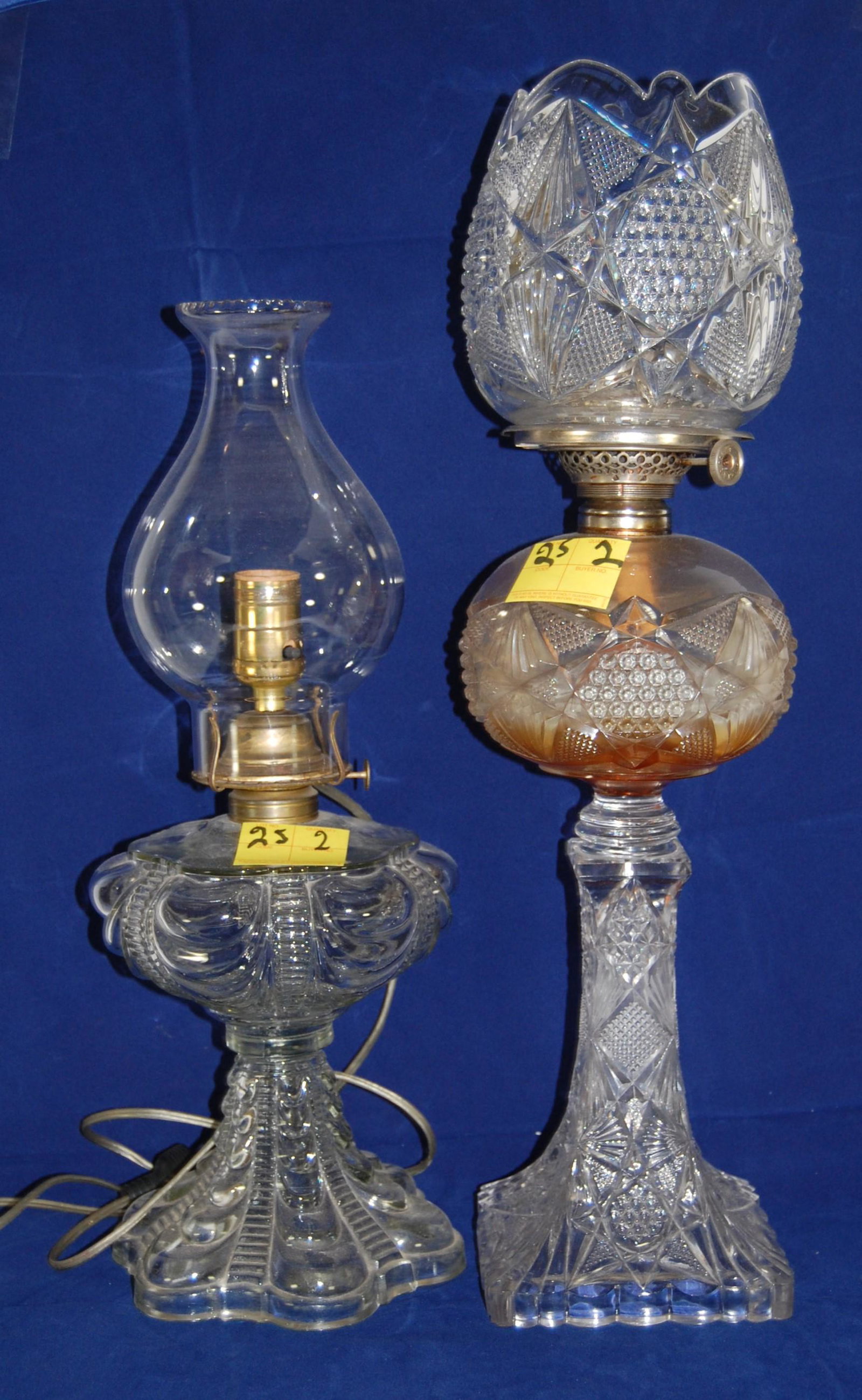 Vintage Oil lamps-Lot of 8- one is electrified: Vintage Oil lamps. Lot of 8, including: one pressed glass, one pressed glass electrified, pressed glass with chimney, hand blown cut glass with Queen Ann burner, hand held oil lamp, table oil lamp two