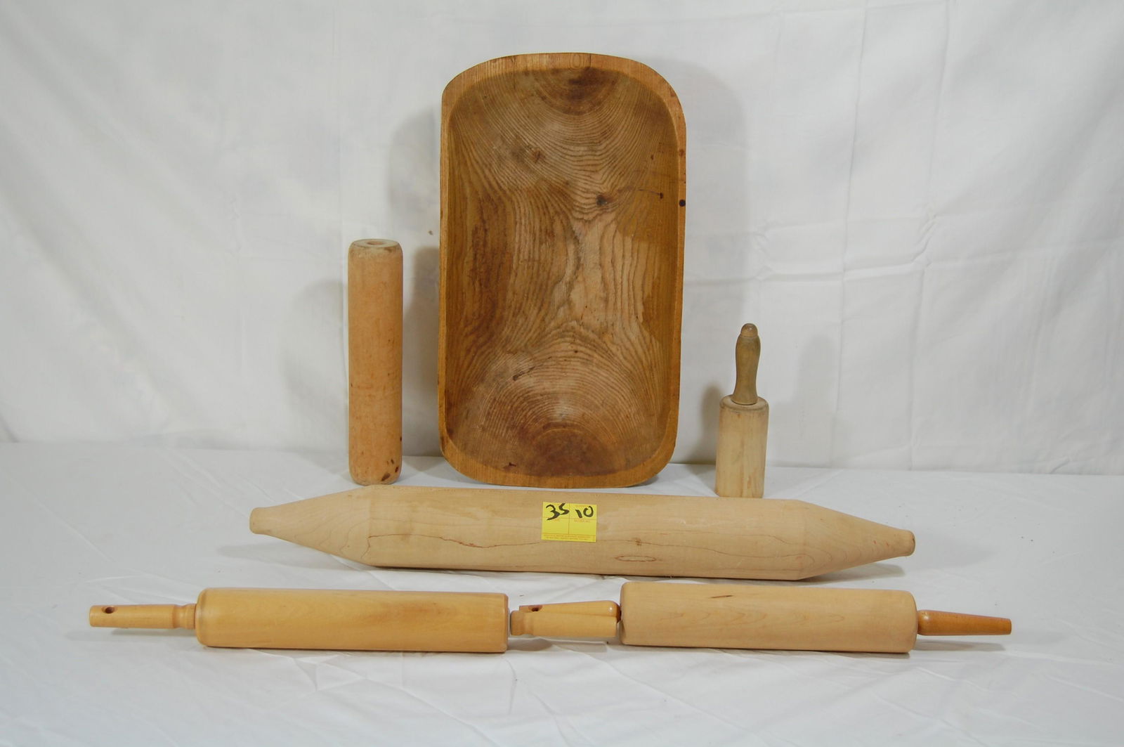 Antique New England Trencher + Rolling Pins: Antique Carved Wood New England Trencher and Large Lot of Vintage Wood Rolling Pins. 9 wood rolling pins, plus one marble pastry roller. Wooden bowl: 19" x 10 1/2".
