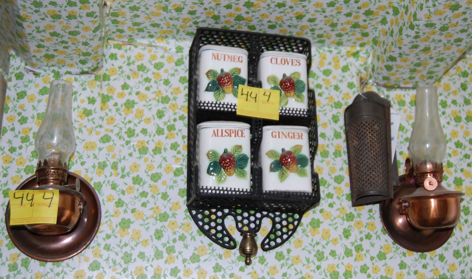 Spice Rack & Copper Miniature Oil Lamps: Spice Rack and Copper Colored Miniature Oil Lamps. Spice rack is ceramic & metal and is wall-mounted. Also included: two pressed tin spice graters.