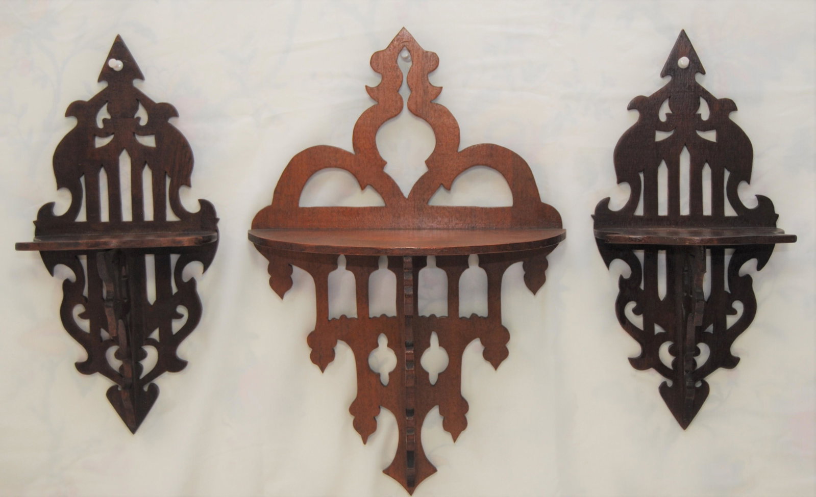 Three Victorian Mahogany Shelves: Three Victorian Wood Shelves. Lot includes 2 matching mahogany one-level shelves 13”h x 4½”d x 6”w., also – one cherry one-level shelf 15”h x 5”d x 10”w.