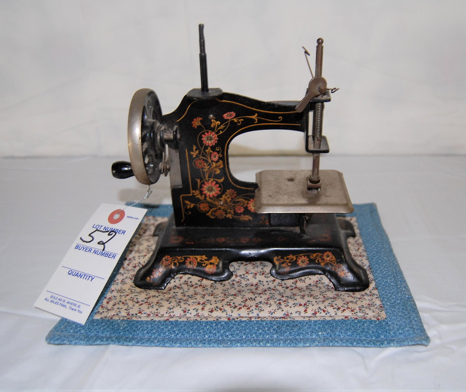 German Mini Salesman Sample/Toy Sewing Machine: c. 1900 - Salesman's Sample or Toy Sewing Machine & Mini-Quilt. Sewing machine is hand-painted working miniature model - made in Germany - Patent number 243329. 6"t x 7"w. Excellent paint. With handma