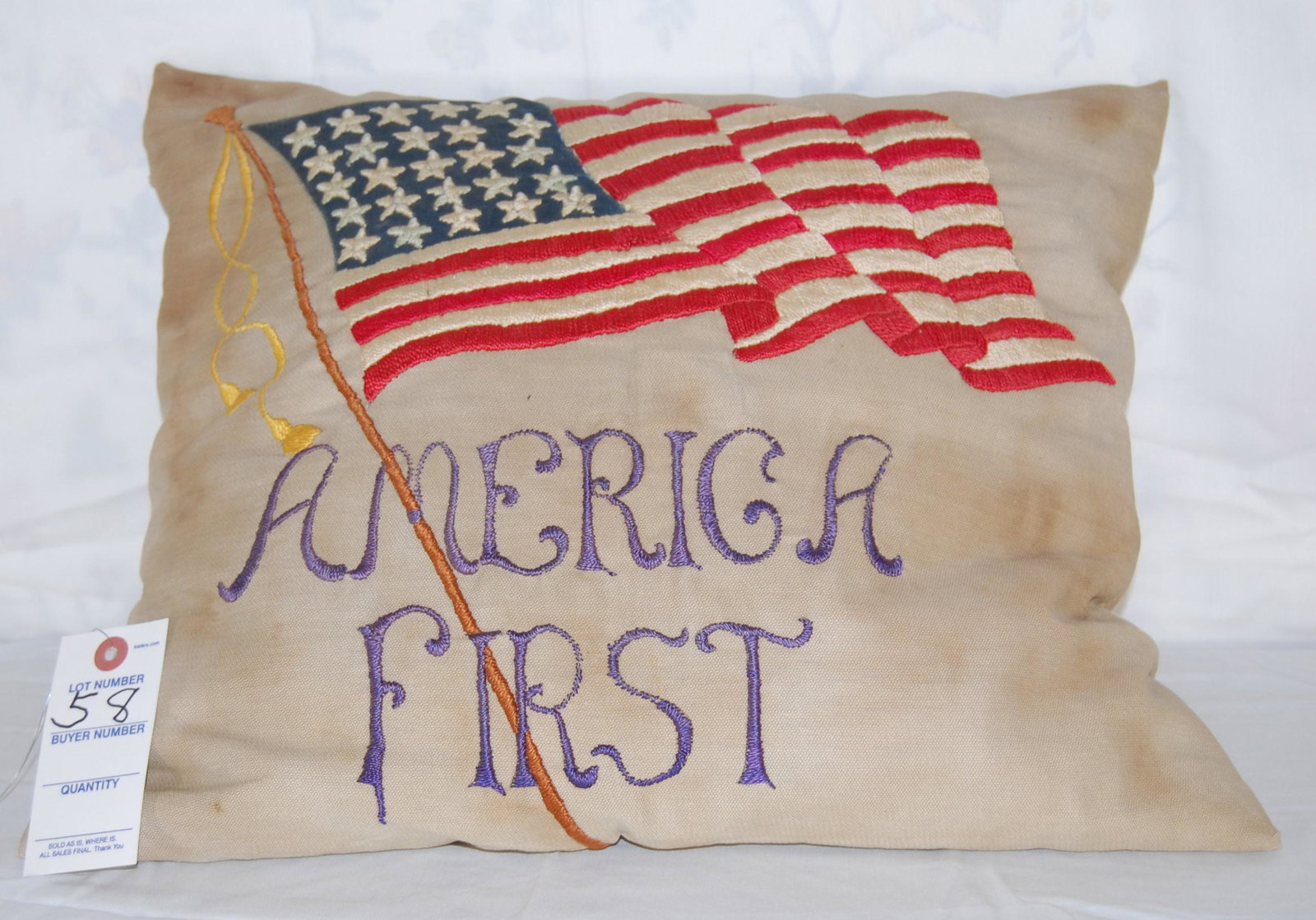 WW1 - Embroidered 25 Star American Flag Pillow: Circa World War One Embroidered American Flag Pillow with Known Provenance. Embroidered "America First" with 25 star American flag. This piece was embroidered by Julia A. Dempsy, Aunt to Mary Madden o