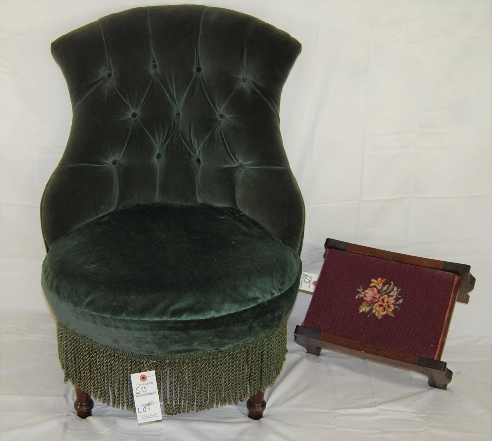 Victorian Upholstered Chair & Needlepoint Stool: Victorian Lady's Chair & Needlepoint Footstool. This proper upholstered lady's chair is: 33"h x 24"w. Seat is just 15" from floor. Stool is 7"h x 14"w x 10"d.