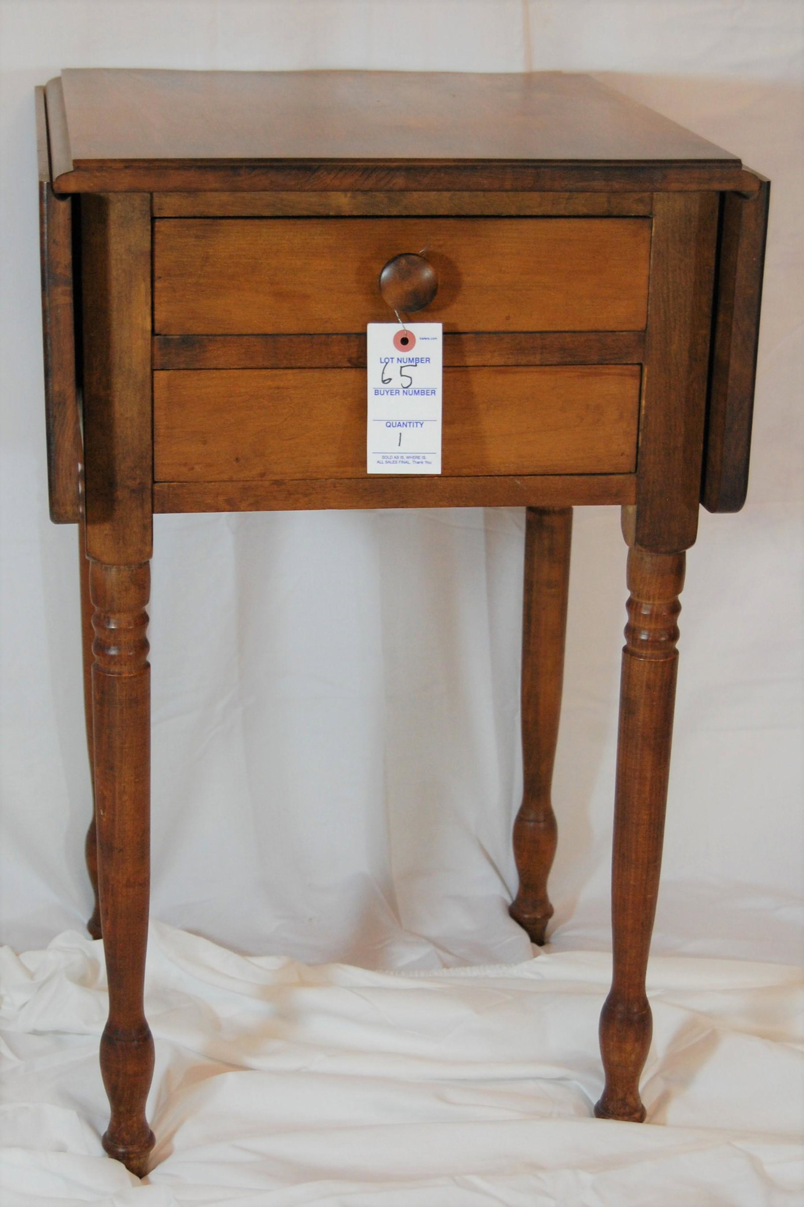 19th Cent Sheraton Drop Leaf Table-2 drawers: 19th Century Drop Leaf Side Pine Table. Two dovetail drawers. Pine. Circa 1850-1870. Original wood pulls, refinished. 29"h x 18"d x 34"w with leaves open.