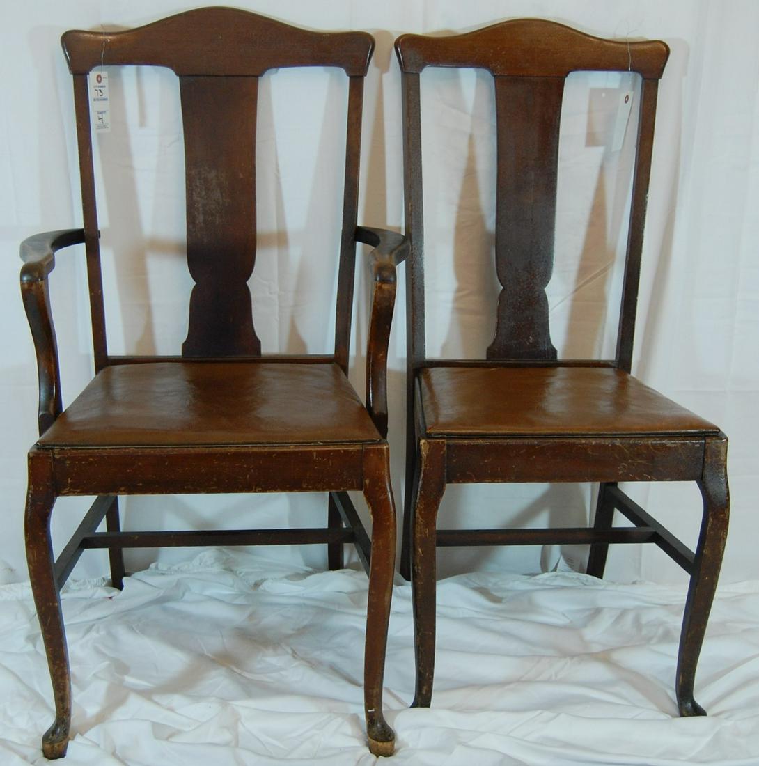 Six-Vintage American Birch Dining Chairs: Birch Dining Chairs with Leather Seats. One arm chair and 5 side chairs. All in mahogany stain. Arm chair is 40"h x 24"w x 18"d. Not all chairs depicted in photos.
