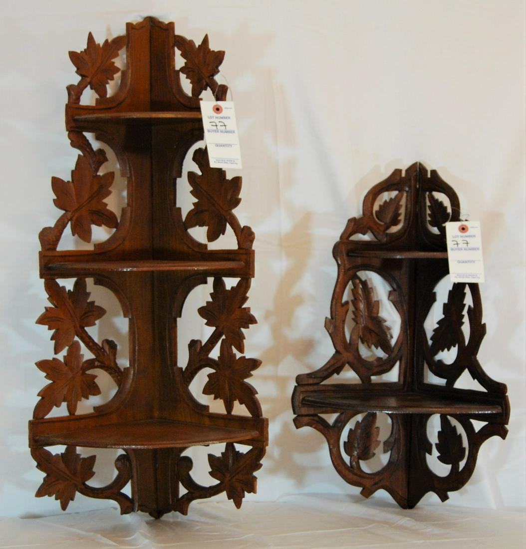 Three Vintage Ornate Mahogany Wall Shelves: Three Vintage Wall Shelves in Mahogany. One is 3 level corner shelf with machined leaf carvings and is 28"t x 9"d. One is a 2 level corner shelf with machined leaf carvings and 20"t x 9"d. One is a 3 