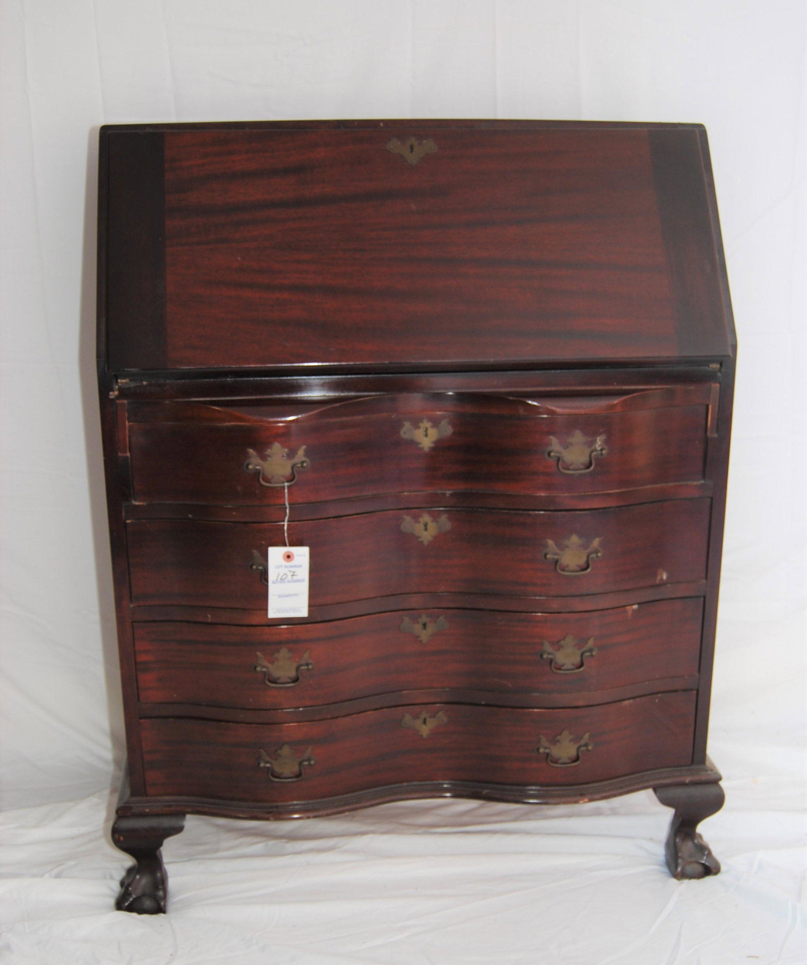 Vintage Gov Winthrop-Style Drop Front Desk: Vintage Gov Winthrop-Style Drop Front Desk, plus Vintage Windsor Desk Chair. Desk has serpentine drawers and ball and talon feet and is by Maddox. 1920-30s. Desk is 40"h x 33"w x 18"d with drop front 