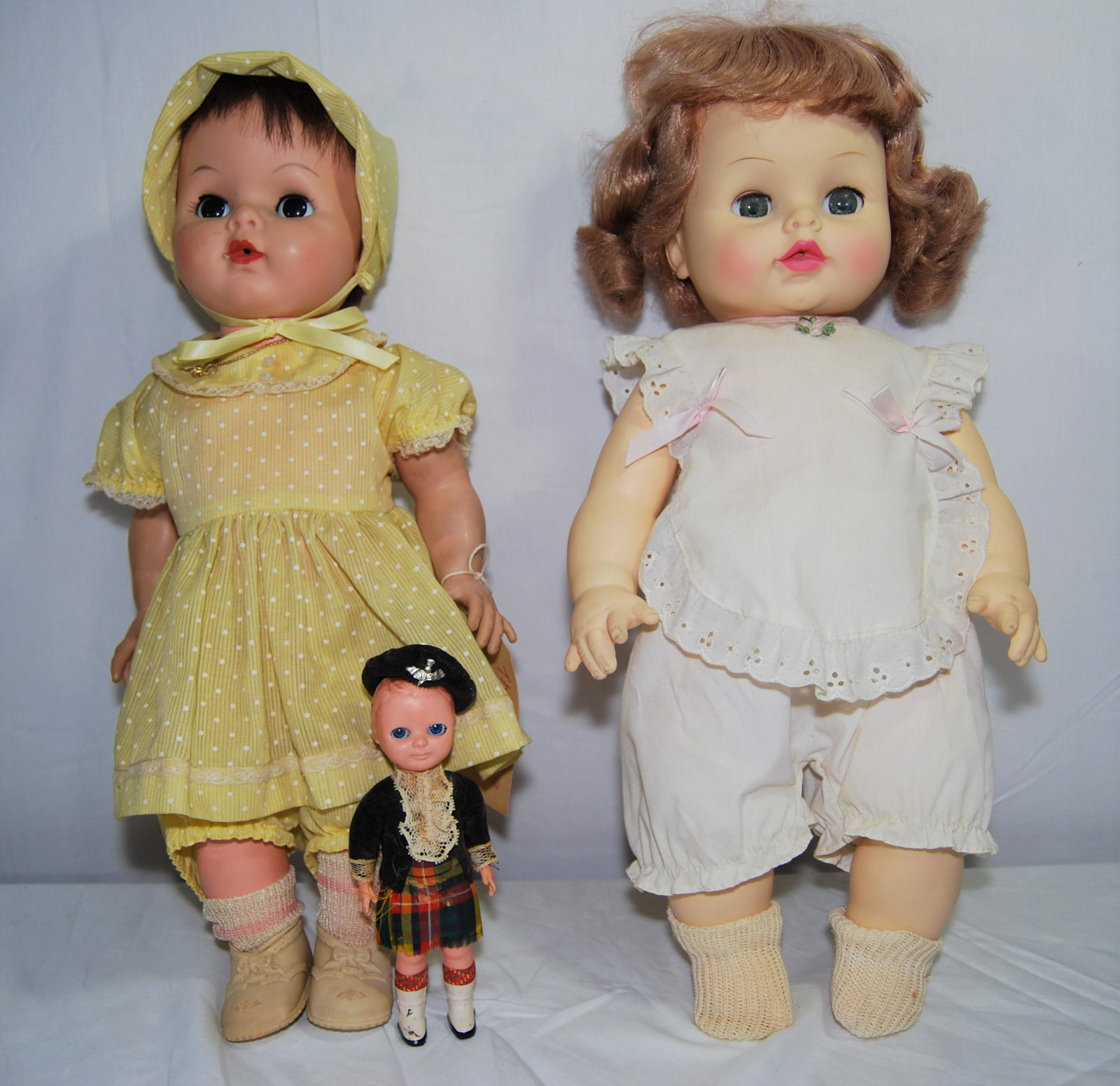 3 Collectible 1960-70s Dolls-inc. a Horseman: Three Collectible Plastic Dolls, including Horseman. From 1960-70s, including 18" blue-eyed girl doll marked "Horsman Dolls Inc 1971 #3381 20 eye". Doll has soft plastic body and head and original clo