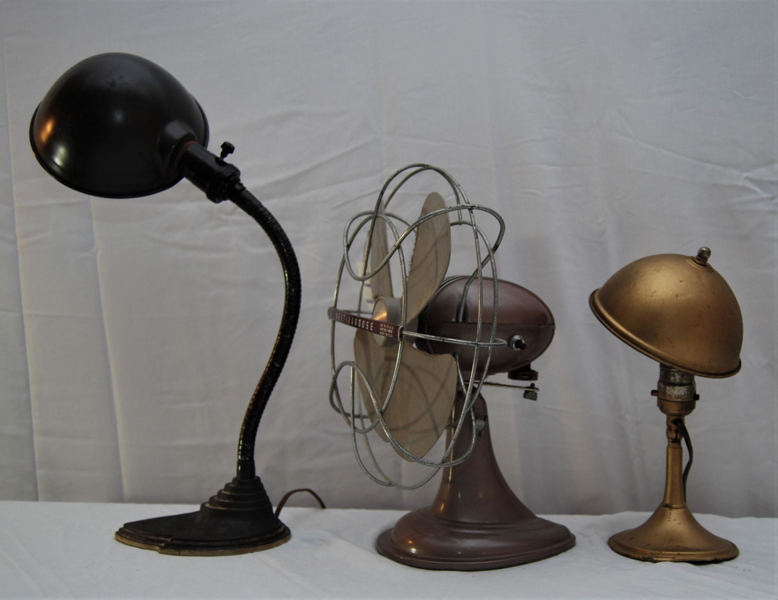 Art Deco Westinghouse Fan, Desk Lamps-inc. Greist: Art Deco Electric Westinghouse Fan and Desk Lamps, including Greist Lamp. All from the Art Deco period and show that styling. The Greist adjustable desk lamp is in brass, marked "New Super Adjustable