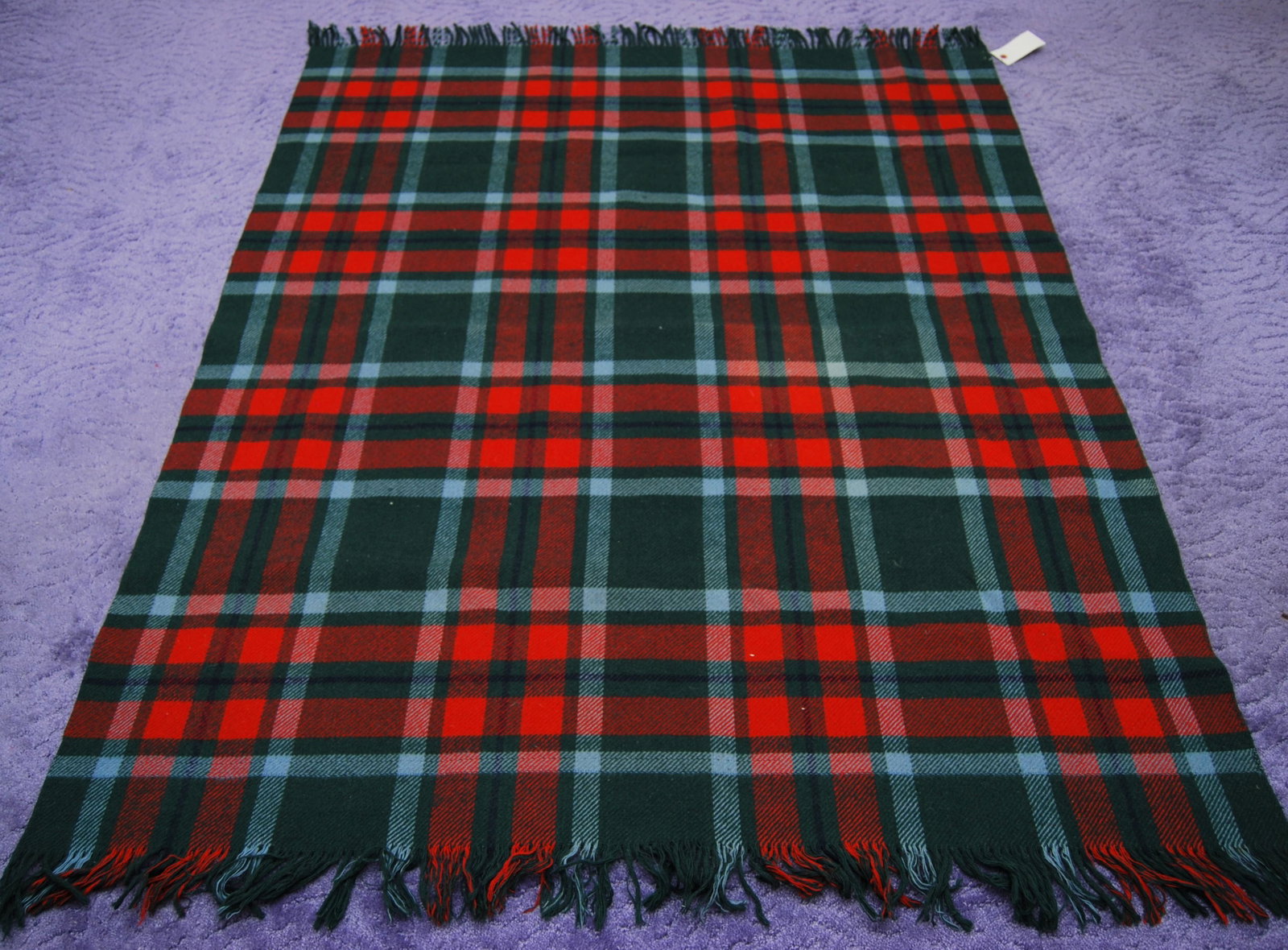Early Car or Stadium Wool Blanket by Troy Robe: Early Car or Stadium Wool Blanket by Troy Robe. Plaid top with solid green reverse. Early to mid 1900's. From Troy Mills in Troy, New Hampshire, the 3rd oldest textile maker in the U-S. Blanket is 67"