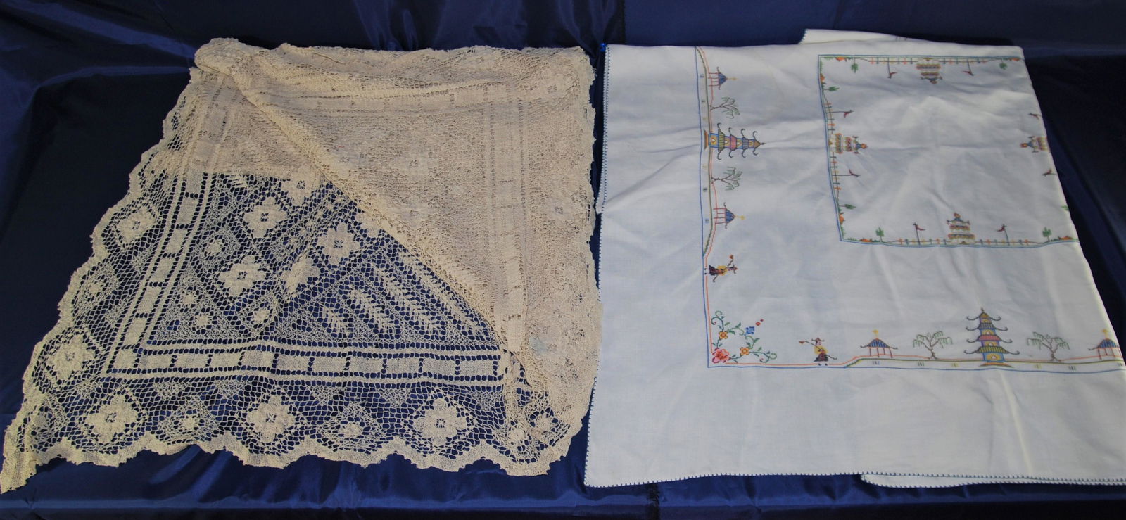 Vintage Handcrafted Textiles–Tablecloths-Napkins: Antique & Vintage Handcrafted Textiles – Tablecloths, Table Toppers & Napkins. There are 8 tablecloths & toppers, plus 12 napkins in this lot. These textiles, from the late 1800’s to the m