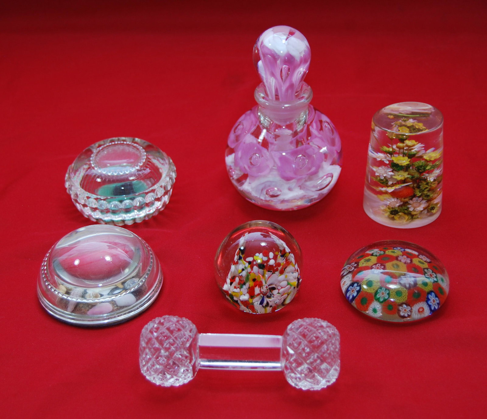 7-Vintage Paperweights-Gillinder, St Clair-more: Vintage Paperweights including Gillinder and St Clair. Lot of 7 items including: St Claire paperweight perfume bottle with stopper, marked “Maude and Bob St Claire 1975”, also - antique Gi