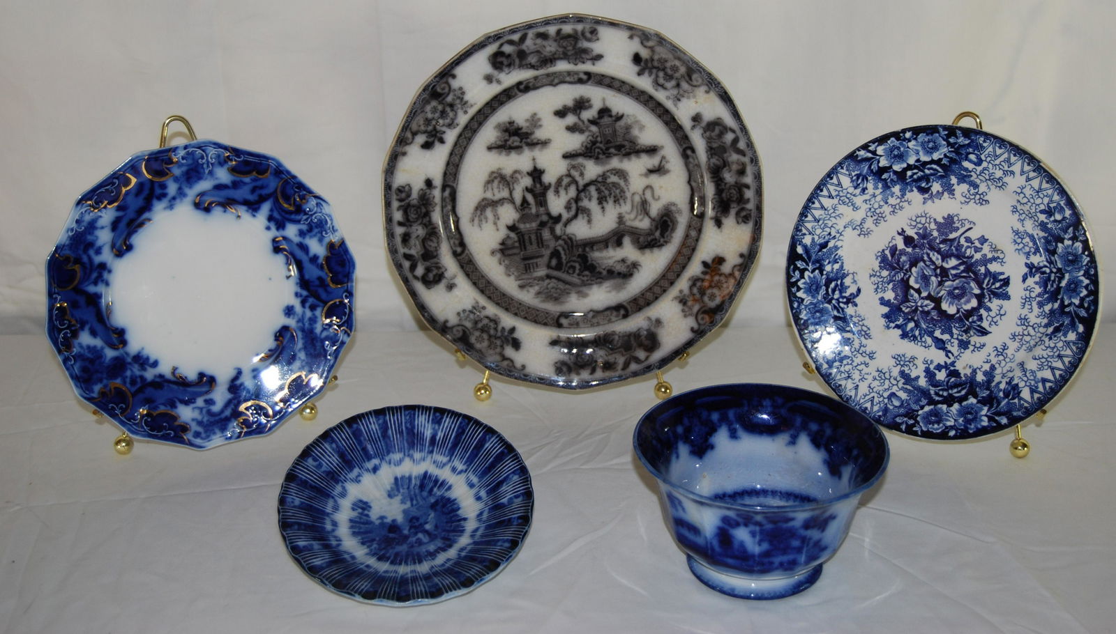 Vintage Plates, Bowl-Mulberry Ironstone-Grindley: Vintage 1800's Flo Blue and Ironstone Plates & Bowl. Lot of 5 items including 10" antique Mulberry Ironstone plate marked "Pelew E. Challinor", also - 8" plate marked "Royal Bonn Wildrose Germany 1755