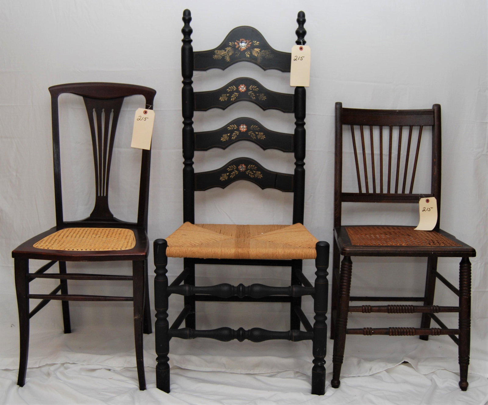 Vintage Side Chairs - lot of 6: Assortment of Vintage Side Chairs, mismatched. Lot of 6 chairs include: antique plank board fan-back Windsor, also a rush seat ladderback chair, and several cane seat chairs.