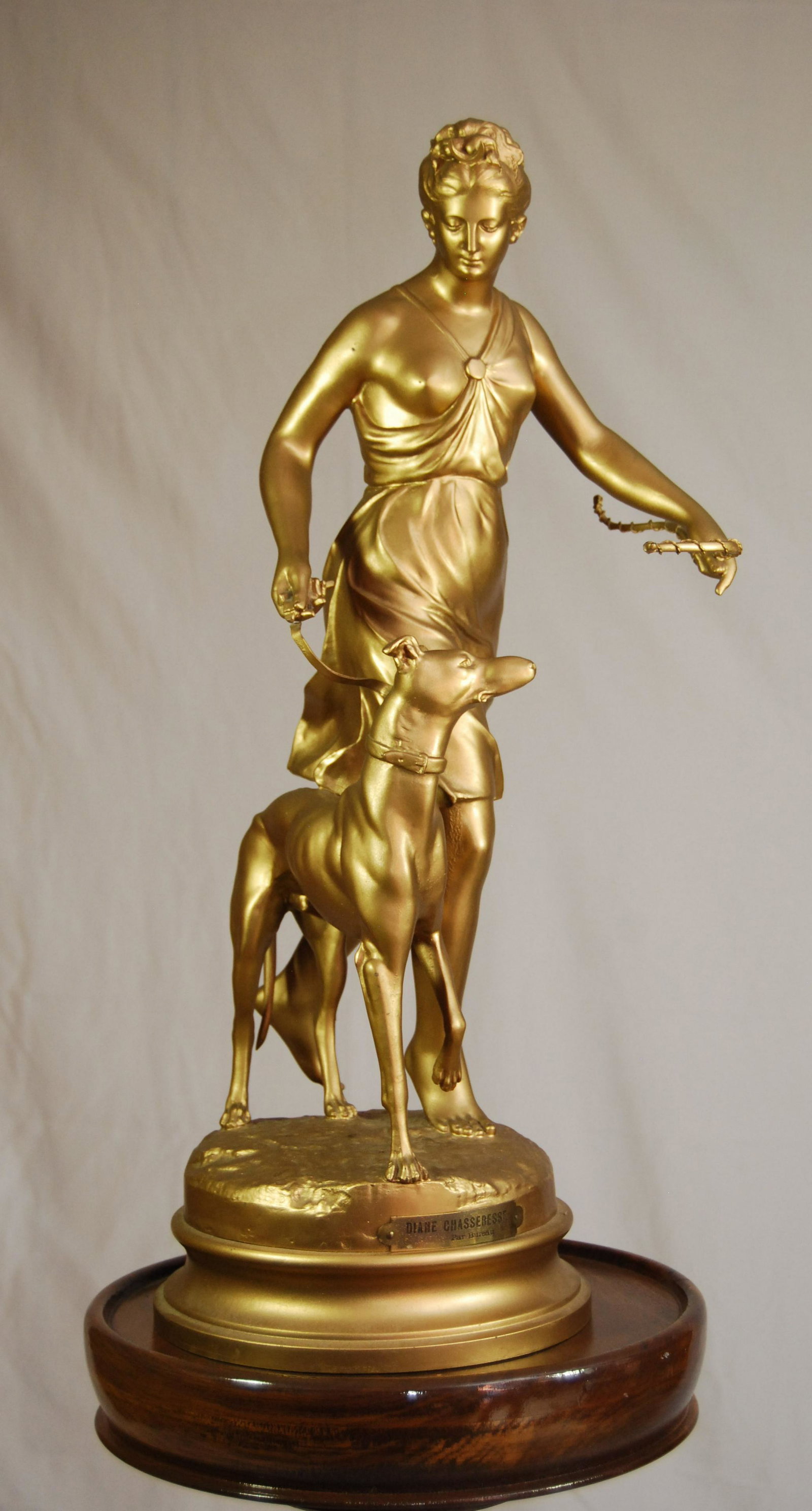 Art Nouveau Sculpture-by Bureau (France) of Diana: Art Nouveau Sculpture - Leon Bureau (1886-1906-France). Metal gilded bronze/gold titled "Diane Chasseresse" reproduction representing Diana the Huntress holding her bow accompanied by a greyhound. Sig