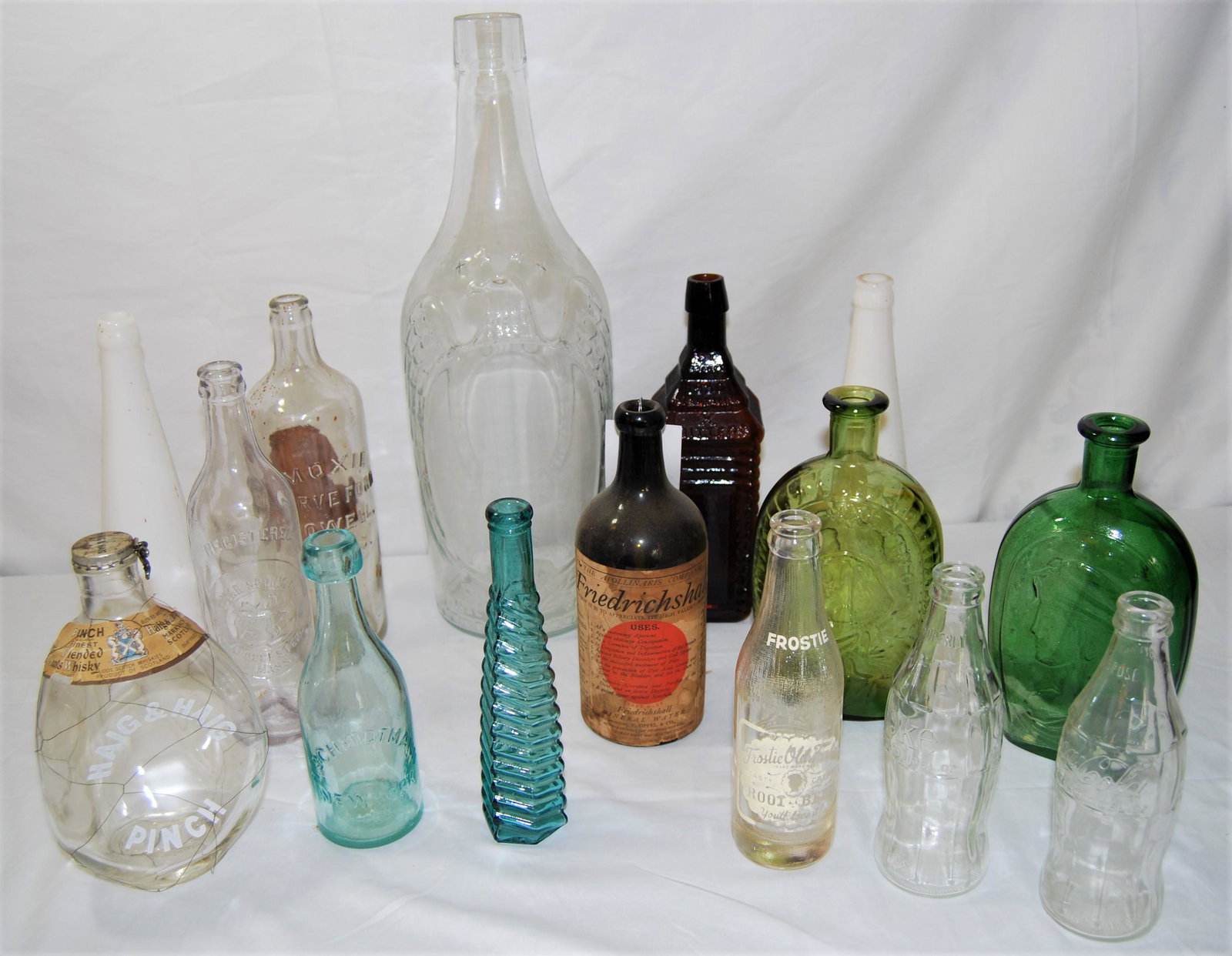 12+ Bottles-Civil War hot sauce-Moxie Nerve Food: Vintage & Antique Bottles. Lot of 12+ bottles includes: Civil War era blue-ribbed hot sauce bottle, Friedrichshall mineral water bottle with stained paper label, “1860 Plantation X Bitters”