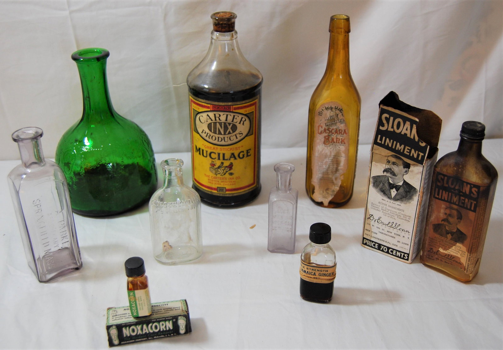 9 Medicine & Ink Bottles-inc. US Marine Hospital: Vintage Medicine & Ink Bottles. Lot of 9 bottles includes: small “U.S. Marine Hospital Service 50 C.C” bottle with no stopper, also - “Carter Inx Products Mucilage” bottle with