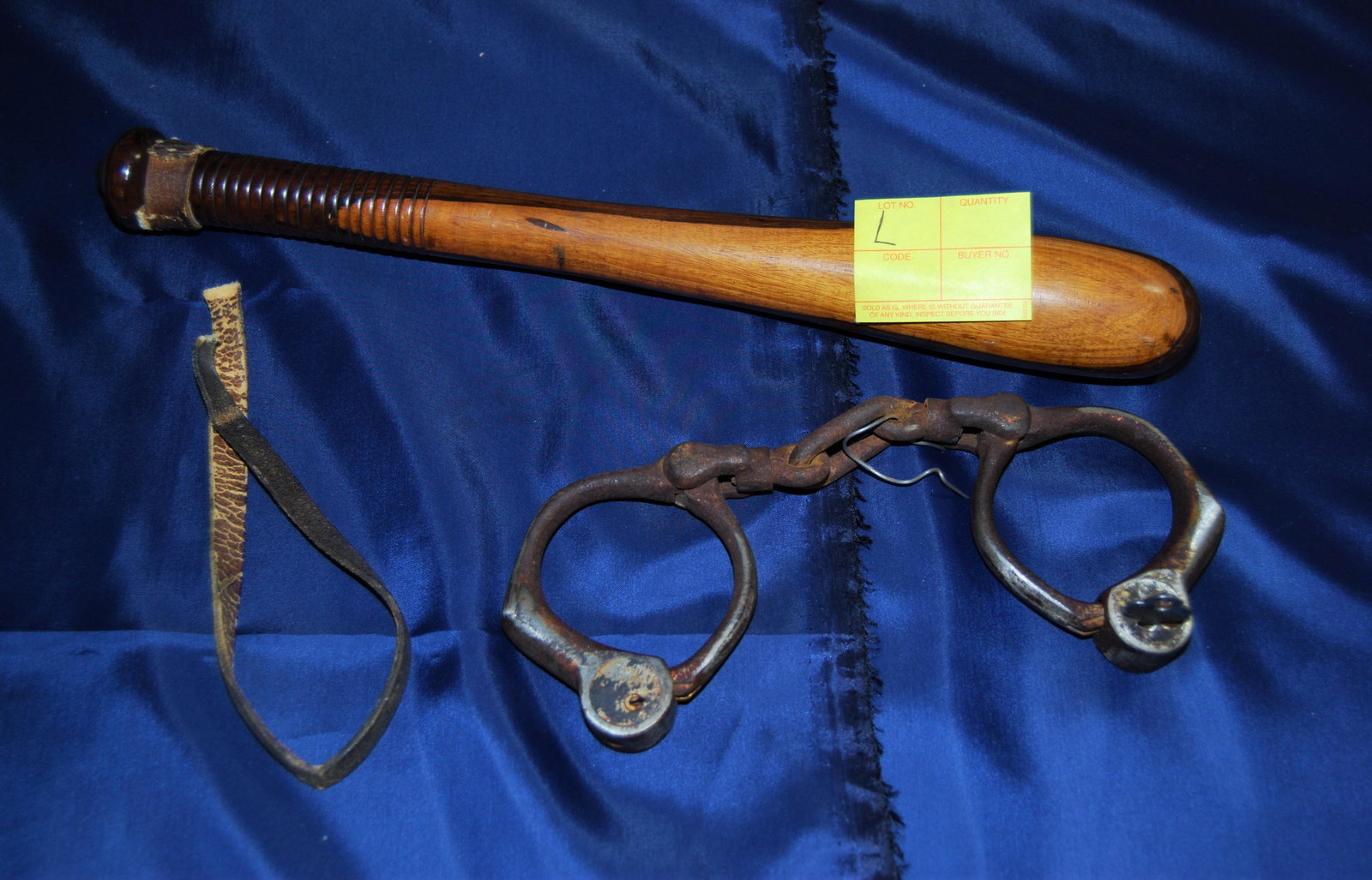 Antique Bean & Cobb Handcuffs & Police Baton: Antique Handcuffs and Vintage Police Billy Club – Baton - Night Stick. Handcuffs, with key, are Bean & Cobb and are marked “Pat May 2 1899”, one side does not unlock. Baton is likely