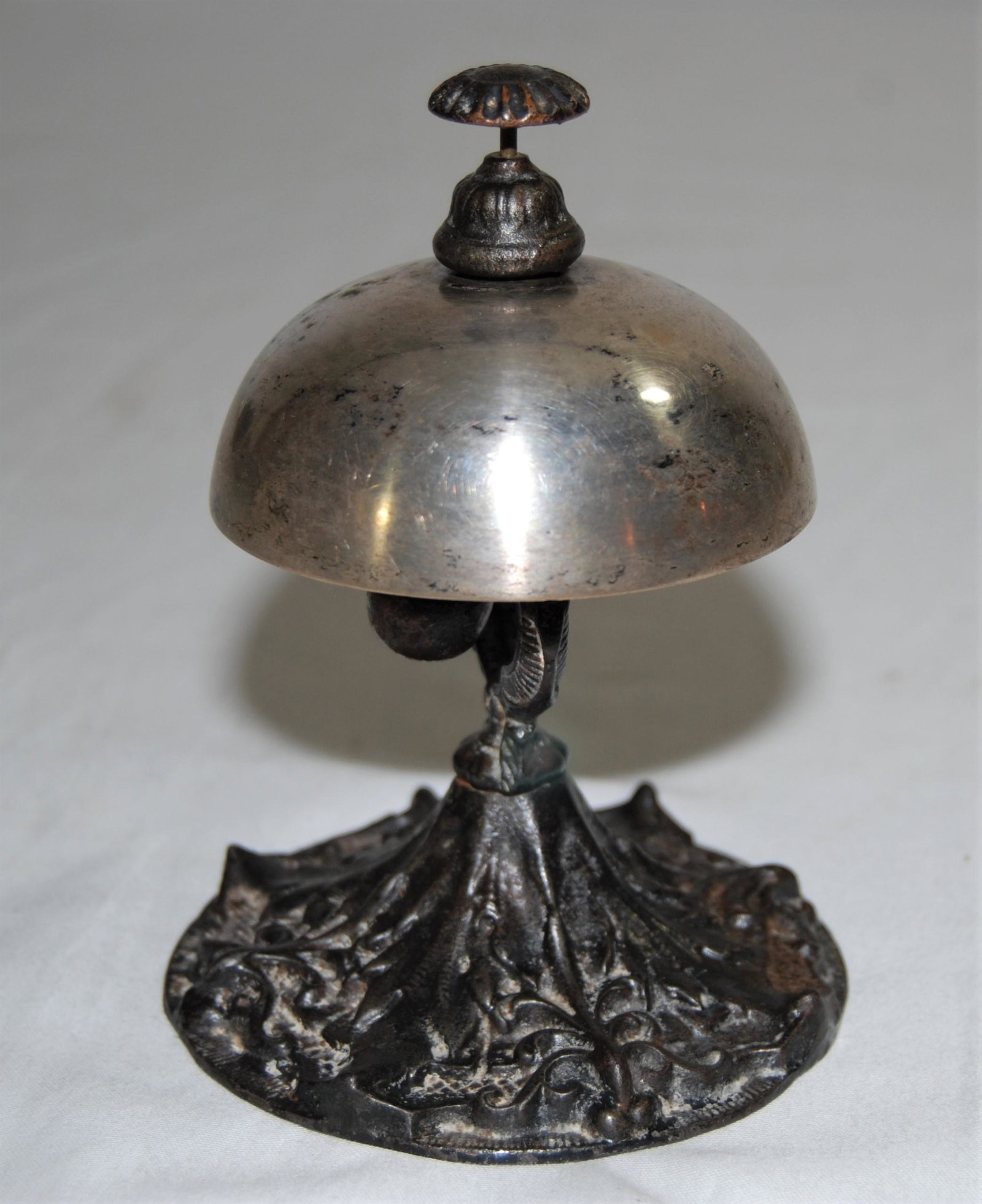 Civil War Era Hotel Bell - marked 1836 & 1862: Civil War Era Hotel Bell. Tap Top brass bell, iron base decorated with four Fleur de Lis. Has two patent dates on bottom “April 8 1836” and “August 25 1862”. Works fine, nice c