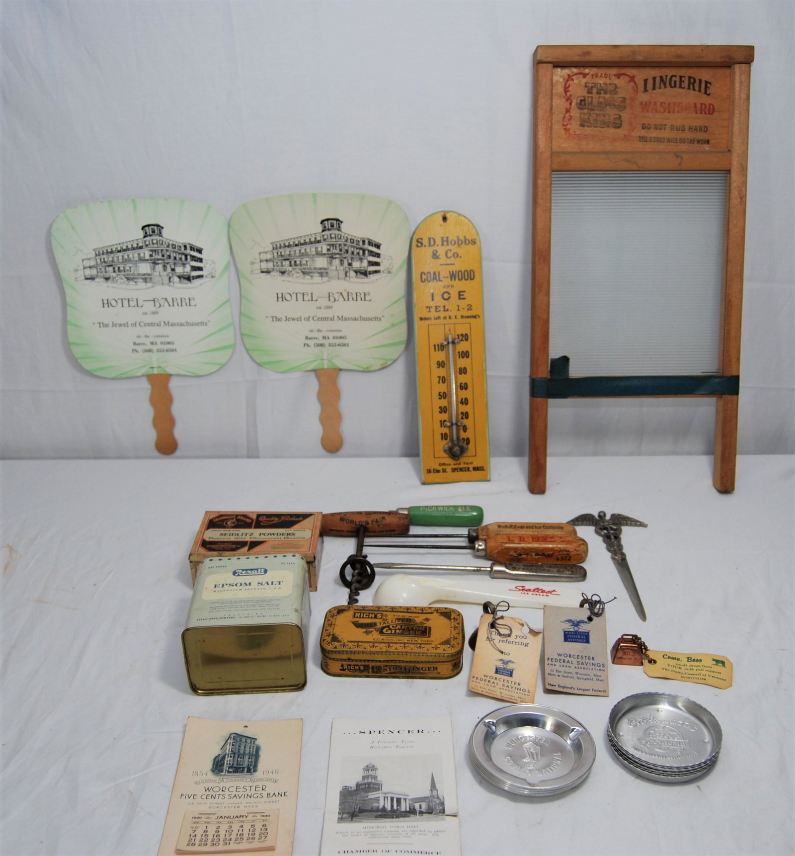 Vintage Advertising-Glass King Washboard-38 items: Vintage Advertising Lot. Lot of 38 items including: The Glass King Lingerie Washboard, plastic Sealtest Ice Cream scoop, thermometer by S.D. Hobbs Coal, Wood & Ice Spencer Mass, fans by Hotel Barre, B