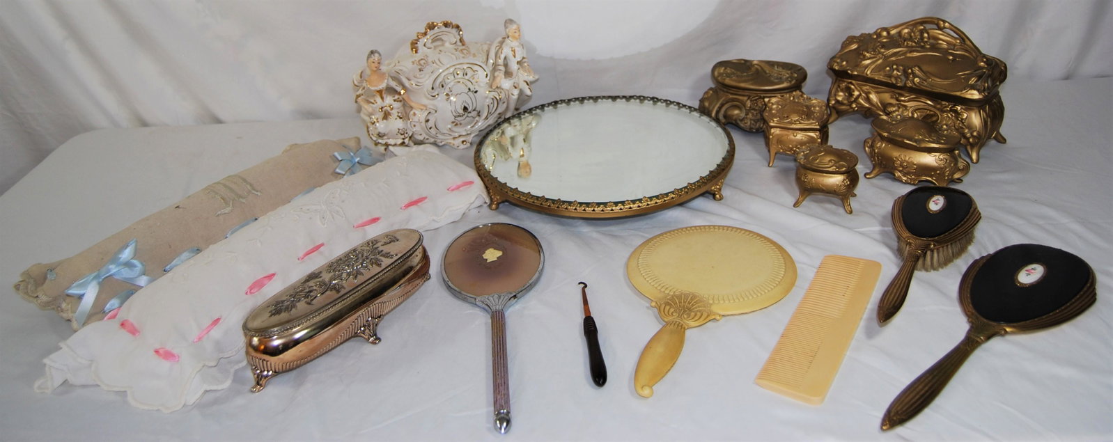 Bakelite Mirror + Comb & Antique Vanity Set: Antique Dresser Top Vanity Accessories. Lot of 16 items including: a matching set of 5 Victorian highly decorated hinged-lid jewelry/catch-all nickel boxes in gold gilt or gold painted. Also, porcelai