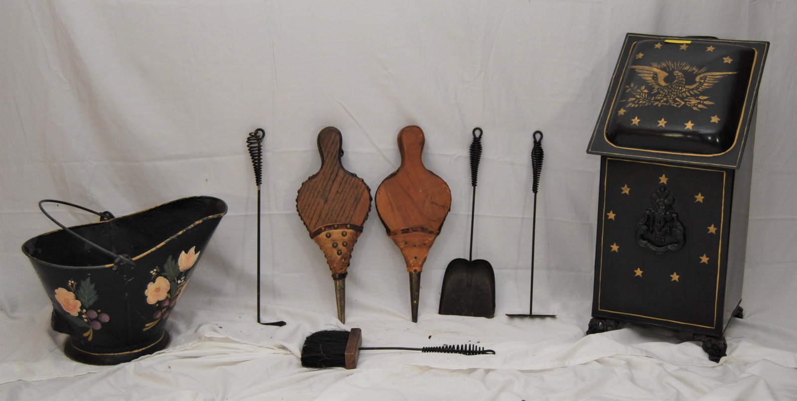 Vintage Fireplace Set & Tole Painted Ash Hoppers: Vintage Fireplace Tools and Two Tin Tole Painted Ash Hoppers. One ash hopper has a lid and is 23½”h. The ash hopper bucket is 9”h. Also included are two bellows, a brush, a shovel, a
