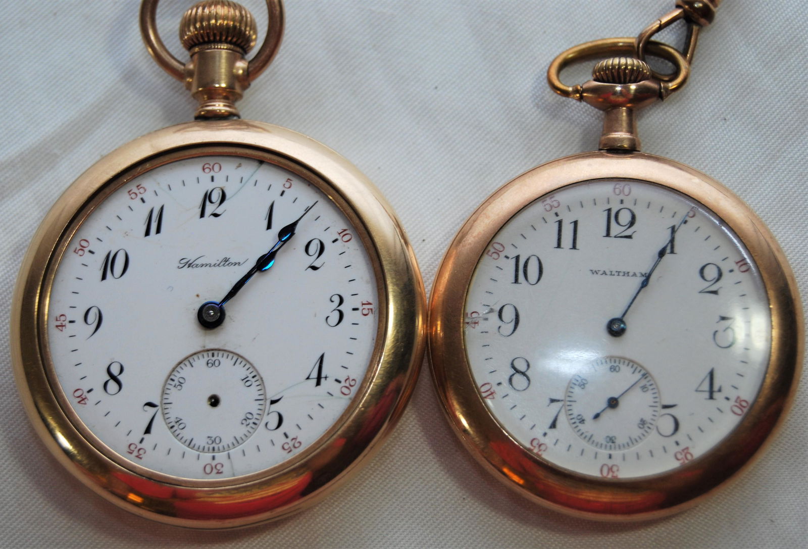 Vintage Waltham & Hamilton Pocket Watches: Vintage Waltham & Hamilton Pocket Watches. Lot of 2 watches. One is a 1912 Waltham Wadsworth Referee open face 12 o’clock winder, model # 1894, 15 jewels, 1 7/8”d, and seems to work when w