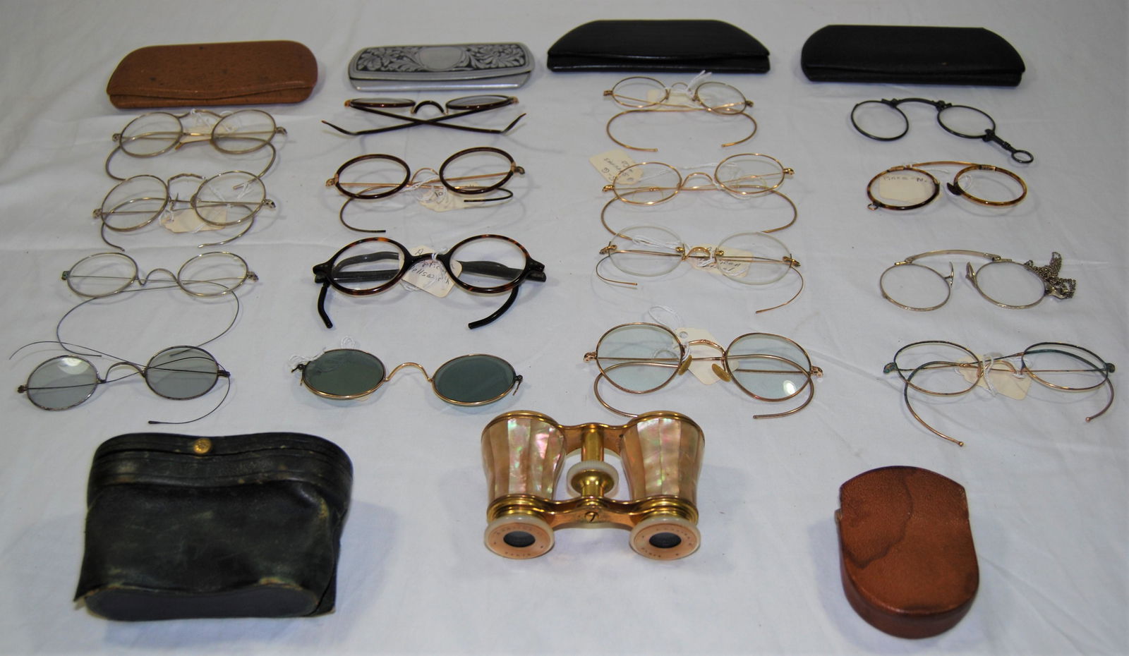 Vintage Eyeglasses & Opera Glasses-20+ items: Vintage & Antique Eyeglass Optics, plus Vintage Opera Glasses. Lot of 20+ items. Eyeglasses include: 4 gold-colored including one marked A/O, 1 gold-colored & tortoise shell, one brass, 1 early clip-o