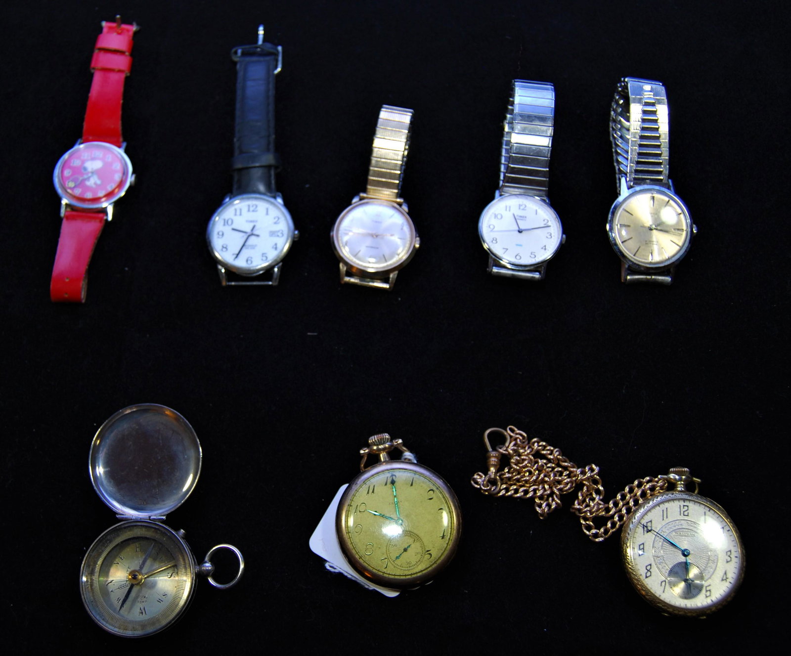 Vintage Watches by Elgin & Waltham + Compass: Vintage Watches & Compass, including Pocket Watches by Elgin & Waltham. Lot of 8 items includes a Snoopy wrist watch, the Elgin and Waltham pocket watches, 4 Timex wrist watches and a vintage pocket c