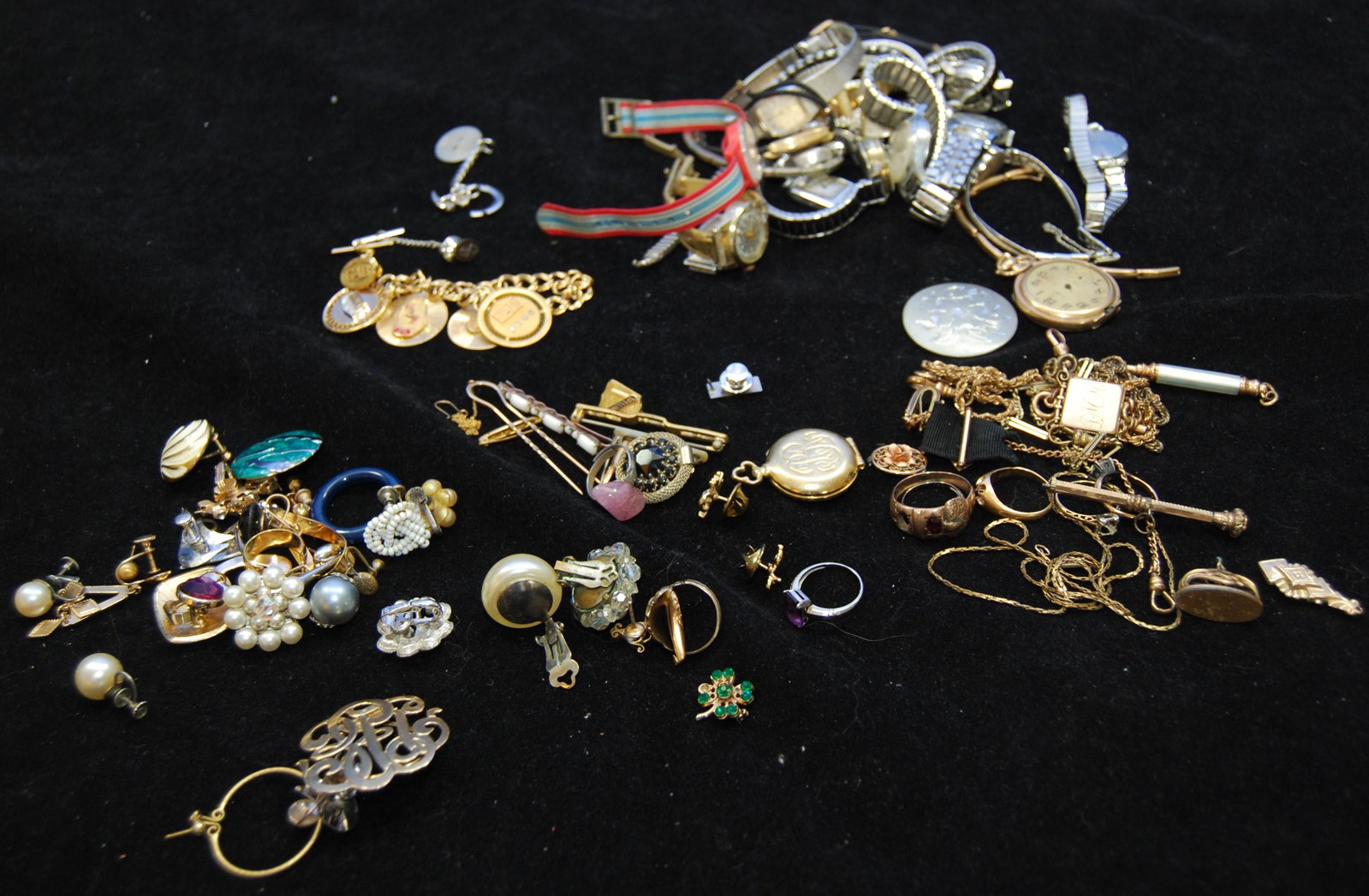 Scrap--Jewelry-Watches Gold Rings: Scrap Jewelry & Watch Lot. Includes some damaged gold rings, and a variety of other jewelry. The watches are all non-working ladies watches by Elgin, Hamilton, Timex, Bulova, Croton and more.