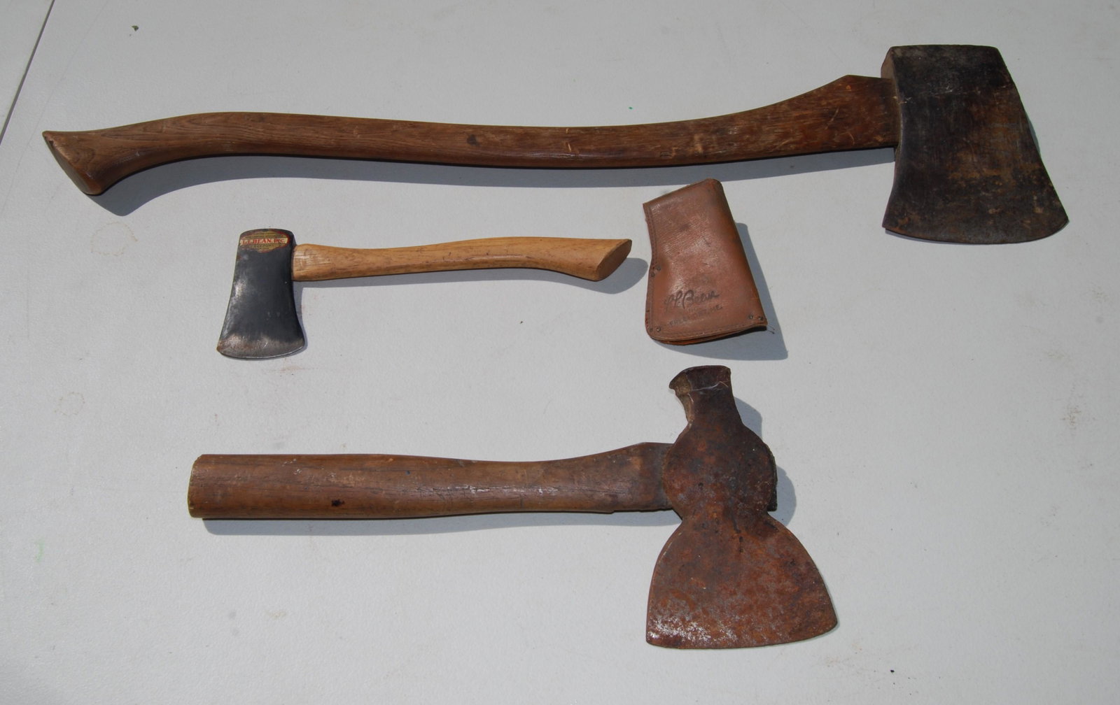 Vintage Axes-LL Bean Hatchet-Foster Cleaver: Vintage Tools - Axes & Hatchet by Collins & LL Bean. Lot of 2 axes, one hatchet and one cleaver. The axes include: a Collins Co Axe with a 5¼” blade and a 28” long hickory handle, als