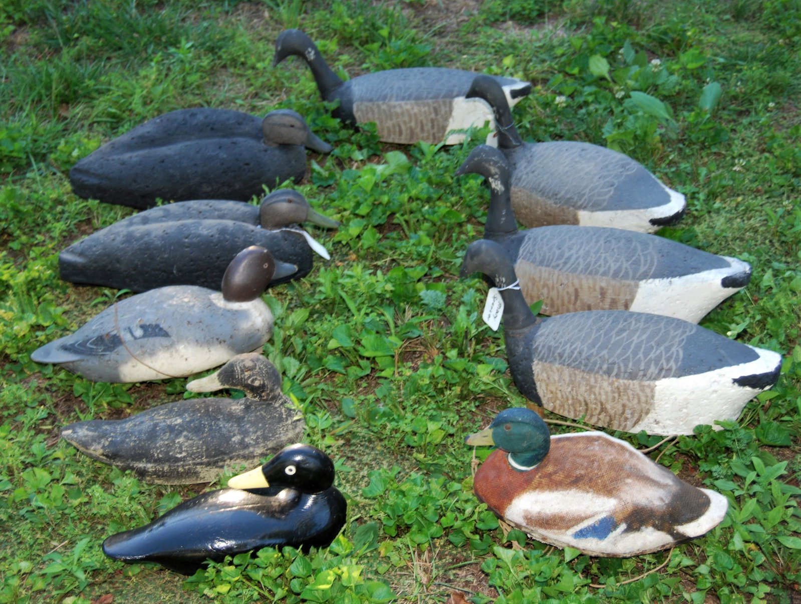 Antique Working Duck & Goose Decoys & More: Antique Working Duck & Goose Decoys & More. Lot of 10 antique floating decoys includes: 7 cork, 2 wood and one canvas covered decoys, 3 of the cork decoys have glass eyes. Also in lot: 6 vintage press