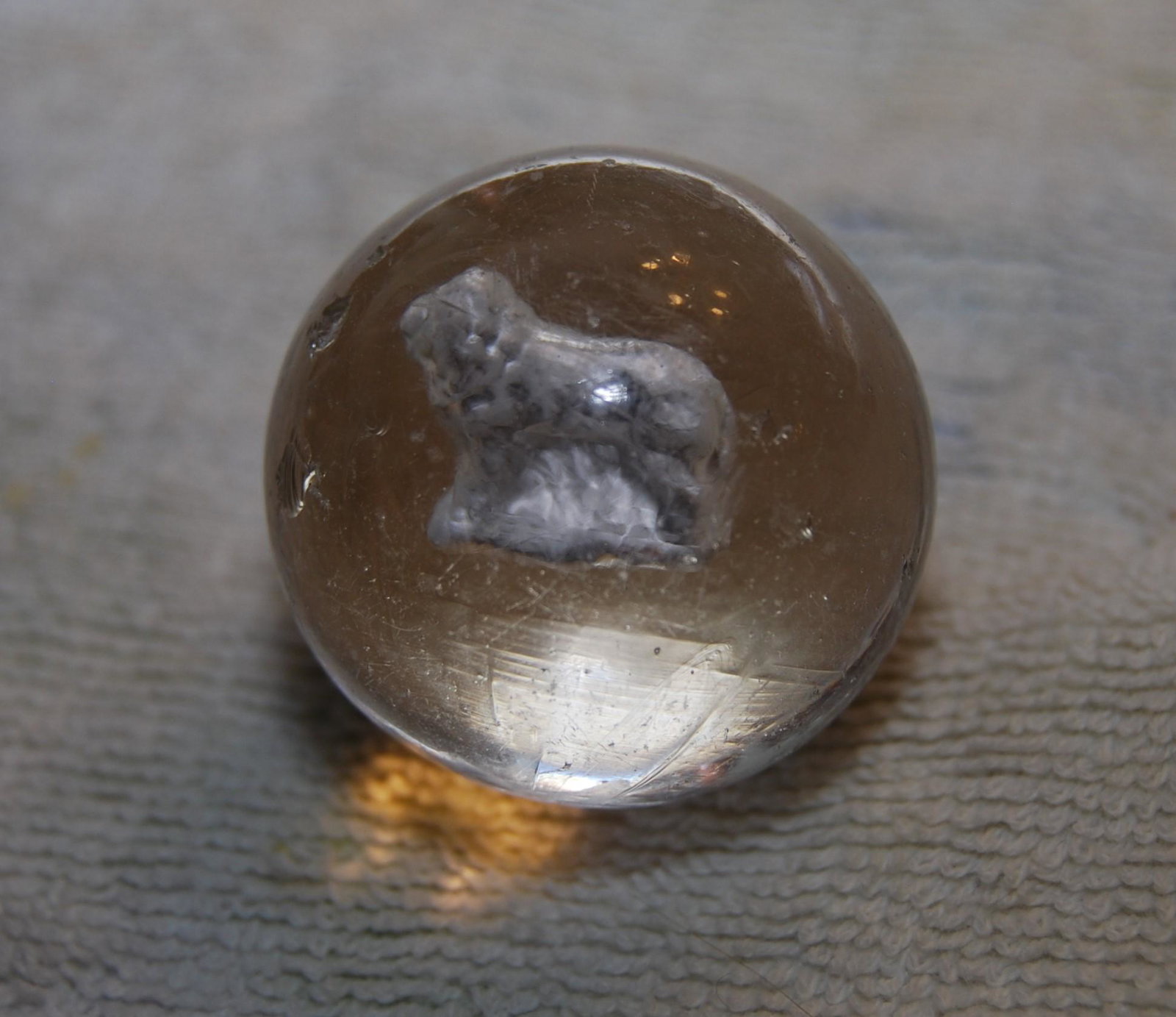 Vintage Swirls, Sulphide & more-34 marbles: Vintage Marbles – Swirls, a Sulphide Marble and other Larger or Unusual Marbles. Lot of 34 marbles. The sulphide contains the figure of a lion inside and is approx 1 3/4" in diameter. The large 