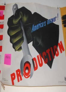 World War II Poster: World War II Poster, 1941, "America's Answer PRODUCTION." Depicting leather glove holding a crescent wrench. By the US Government Printing Office, Division of Information, Office of Emergency Manageme