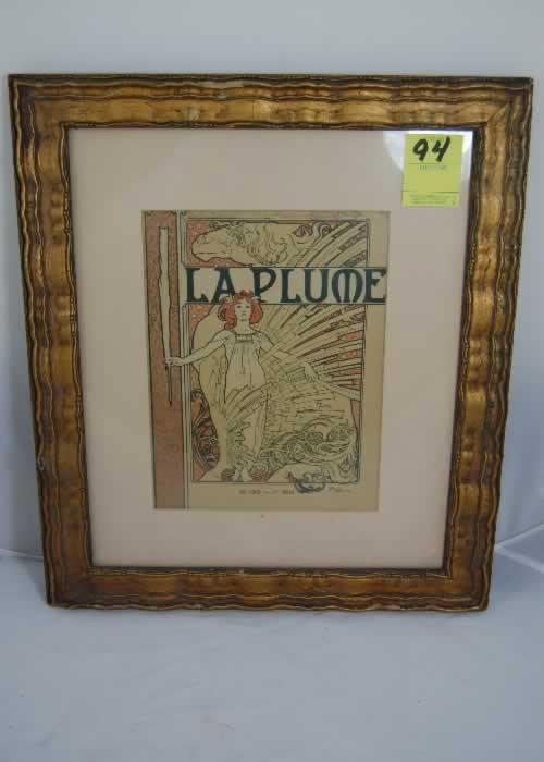 Vintage Lithograph-Alphonse Mucha: Alphonse Mucha, framed lithograph "La Plume", classic Art Nouveau, no 193 Ier mai 1897