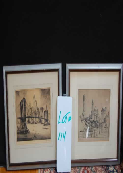 Alexander Stern & Nat Lowell -New York Etchings: Pair framed etchings of New York City scenes, (1) Alexander Stern (Californian, 1904-1994) - Central Park "Manhattan Oasis", (1) Nat Lowell (American 1880-1956)- titled: "Brooklyn Bridge"