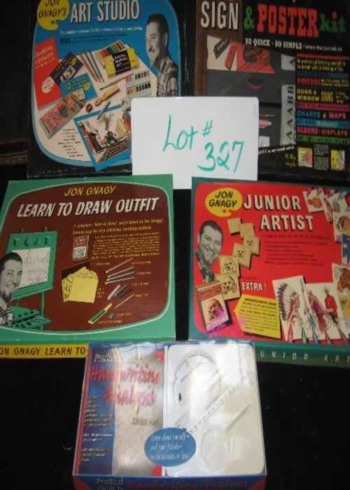 Jon Gnagy Collection: Jon Gnagy collection of Drawing includes (1) Sign & Poster Kit, (1) Art Studio, (1) Learn to Draw Outfit, (1) Junior Artist kit, also includes Kirsten Hall's Practical Guide to handwriting analysis ki