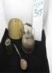 Vintage Brass & Copper Kitchenware: Brass & Copper lot includes one copper tea kettle, one brass octagonal bottle, one wood & copper slotted spoon with incised design and one brass hip flask,