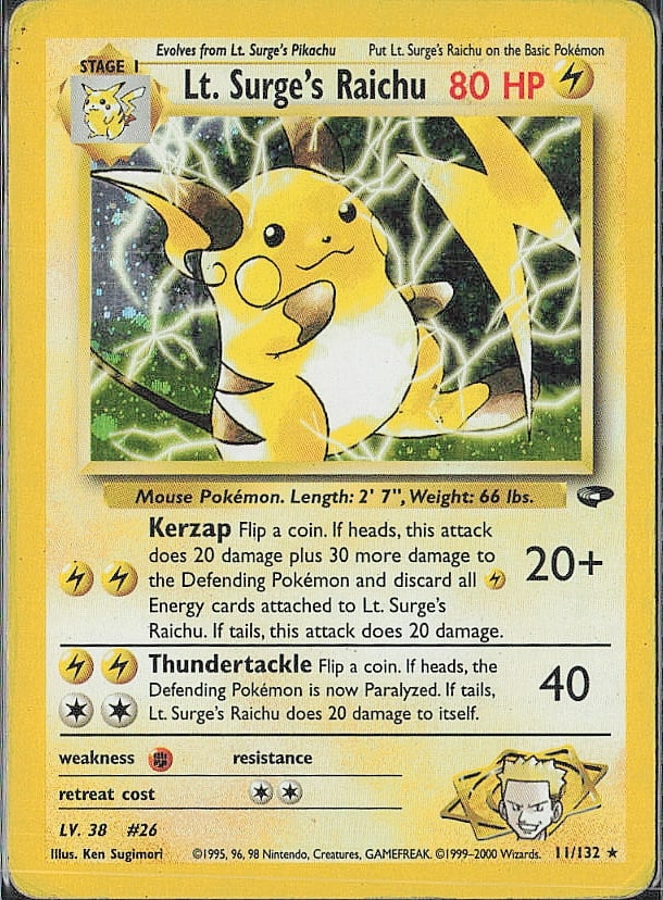 Holo Rare Gym Challenge #011/132 Lt. Surge's Raichu: Please review all photos before bidding. If you would like any additional information or additional photos please feel free to send me a text and I will do my best to respond within 24 hours. Best of 