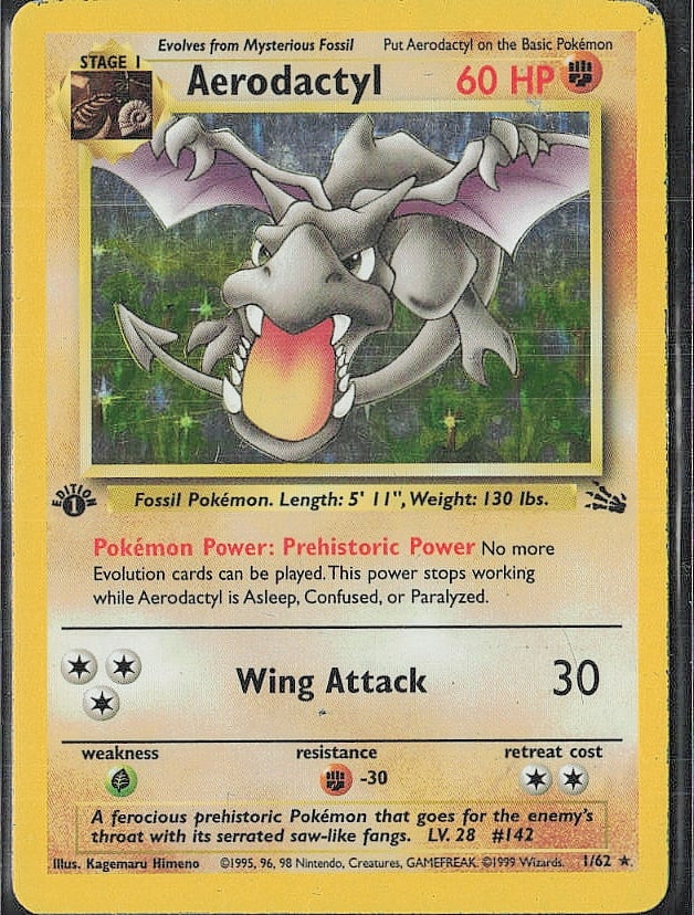 Holo Rare,1st edition Fossil #01/62 Aerodactyl (1): Please review all photos before bidding. If you would like any additional information or additional photos please feel free to send me a text and I will do my best to respond within 24 hours. Best of