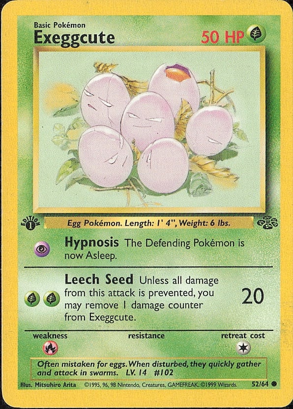 1st edition Jungle #52/64 Exeggcute: Please review all photos before bidding. If you would like any additional information or additional photos please feel free to send me a text and I will do my best to respond within 24 hours. Best of 