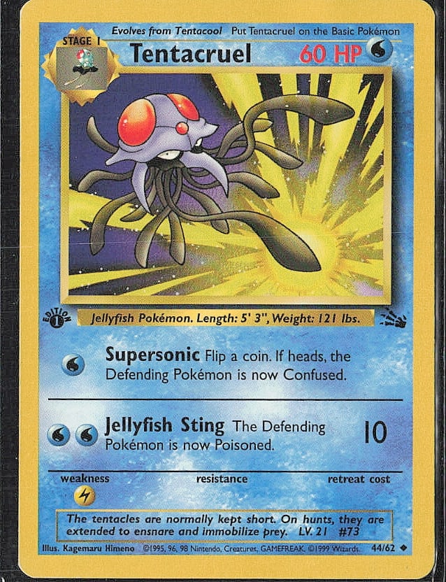 1st edition Fossil #44/62 Tentacruel: Please review all photos before bidding. If you would like any additional information or additional photos please feel free to send me a text and I will do my best to respond within 24 hours. Best of