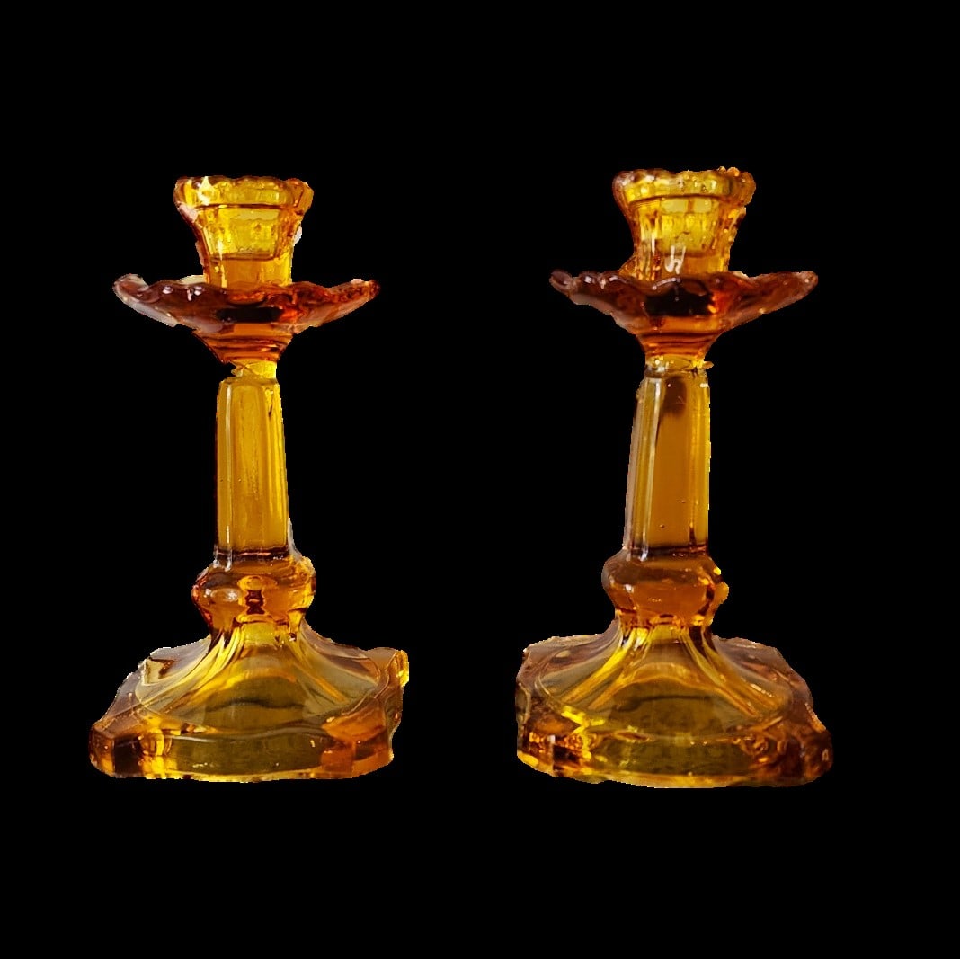 A Vintage Pair of Amber Glass Candle Sticks: From a Private Collection. Amber Glass Candlesticks x 2. 6 1/2" Tall