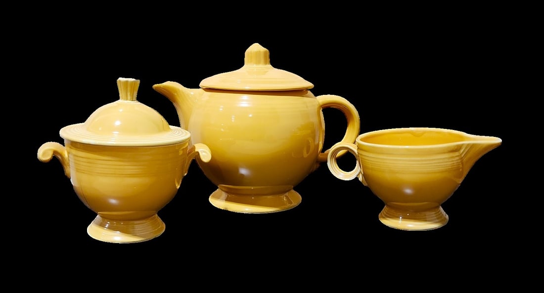 Vintage Fiesta Ware Sunflower Teapot  Set with Creamer and Sugar Bowls (1 of 4)